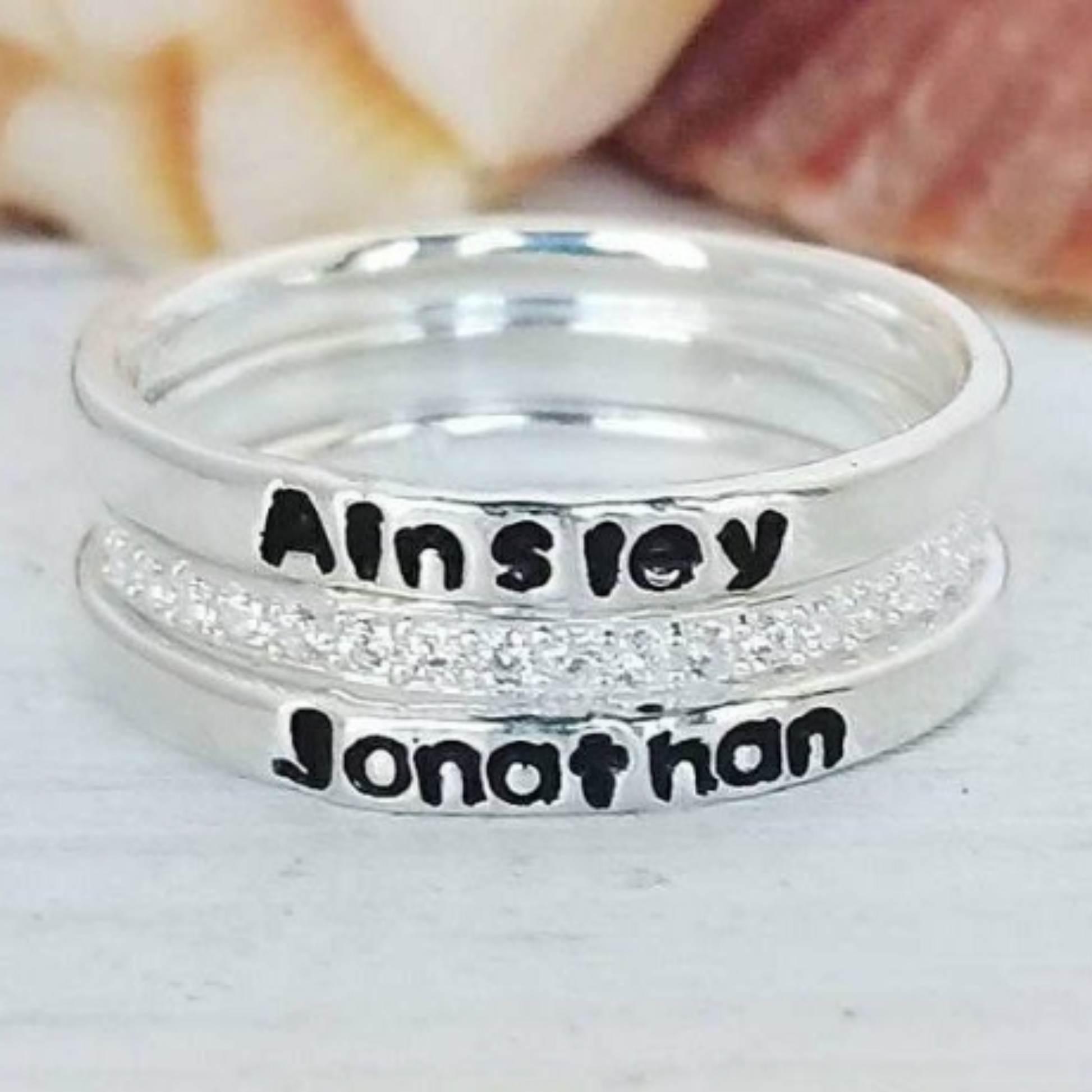 3pc Thin Name Ring and CZ Stacking Set - Sterling Silver