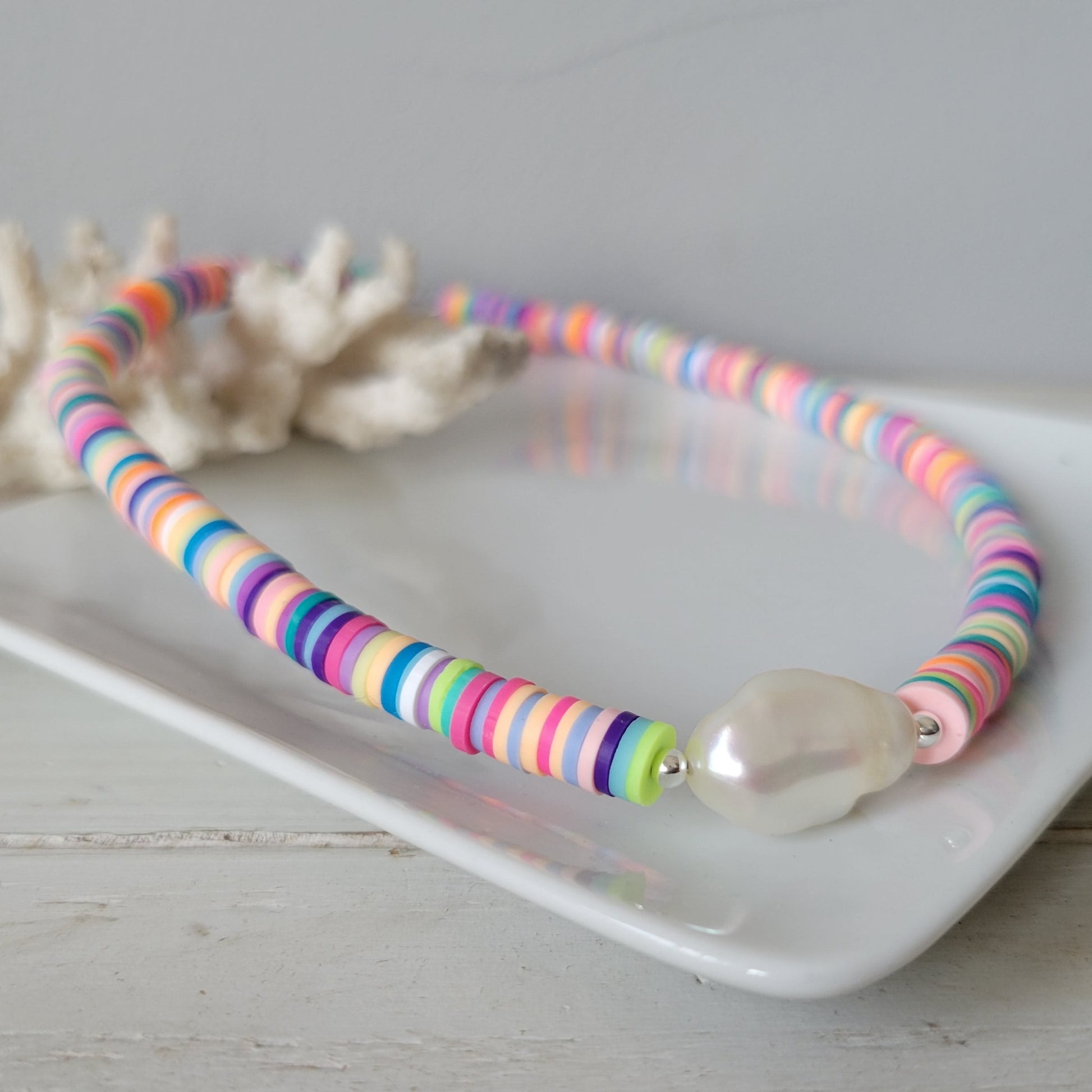 "Outer Banks" Polymer Clay and Large Pearl Necklace - Multiple Colors Available
