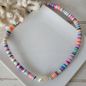 "Outer Banks" Polymer Clay and Large Pearl Necklace - Multiple Colors Available