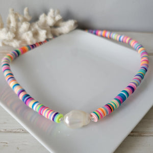 "Outer Banks" Polymer Clay and Large Pearl Necklace - Multiple Colors Available