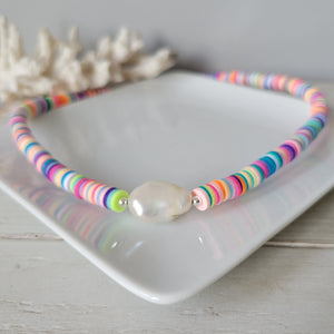 "Outer Banks" Polymer Clay and Large Pearl Necklace - Multiple Colors Available