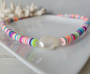 "Outer Banks" Polymer Clay and Large Pearl Necklace - Multiple Colors Available