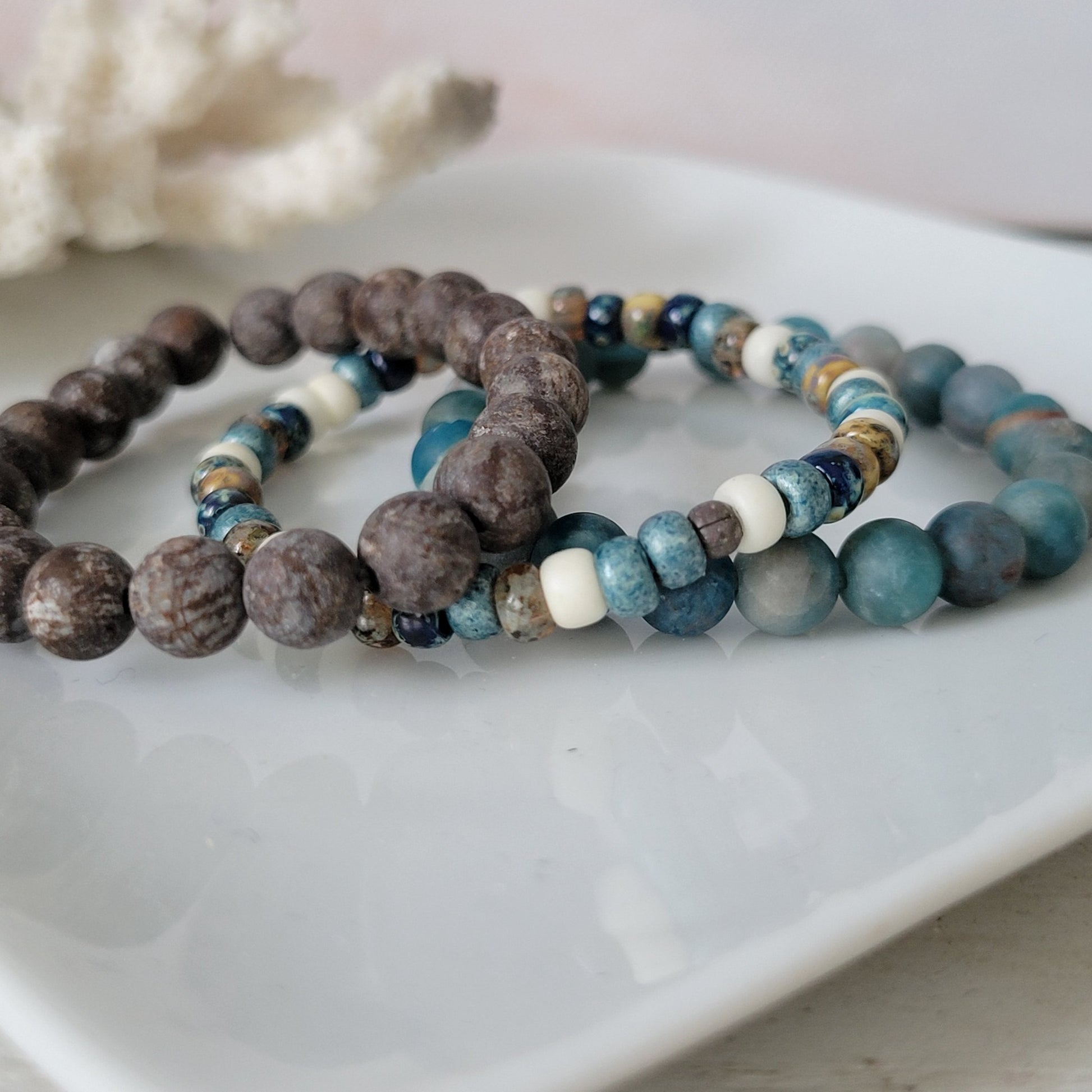 "Beach Sands" Water, Sands & Clouds Natural Stone Bead Bracelets - Set of 3 or Each