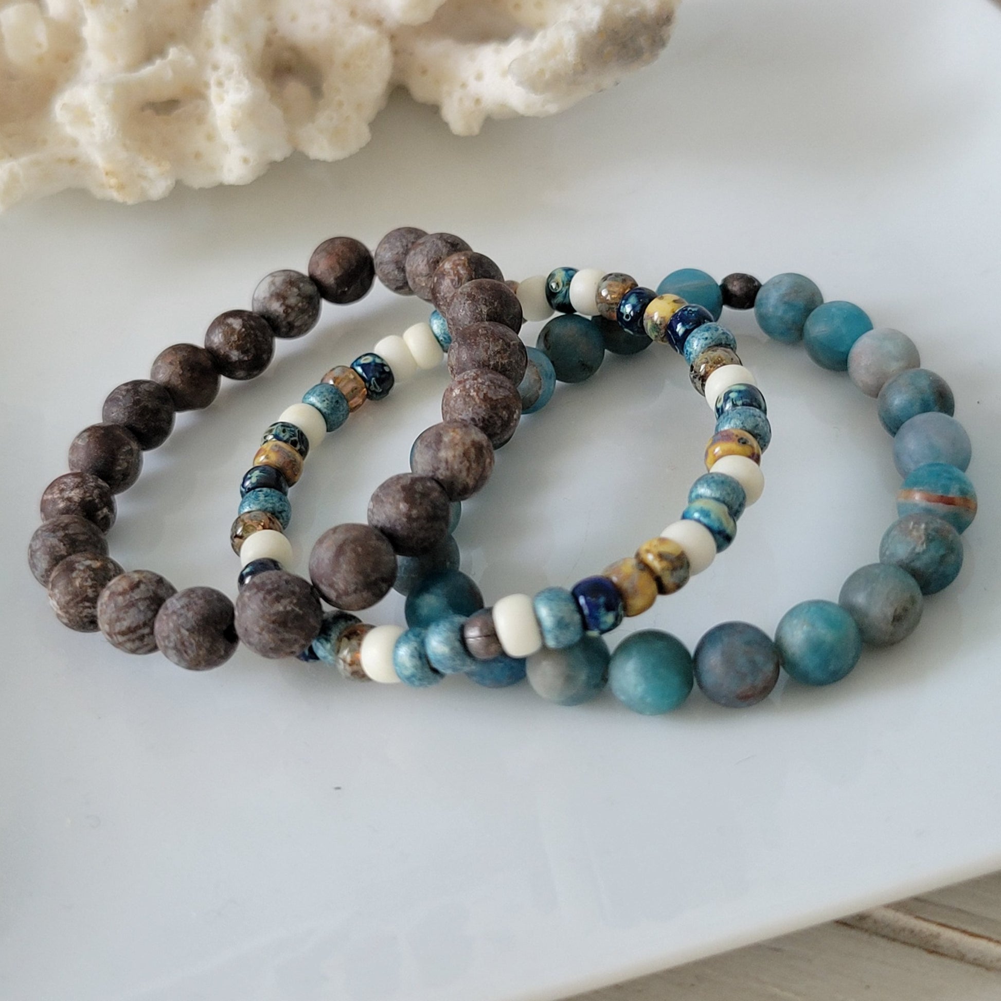 "Beach Sands" Water, Sands & Clouds Natural Stone Bead Bracelets - Set of 3 or Each