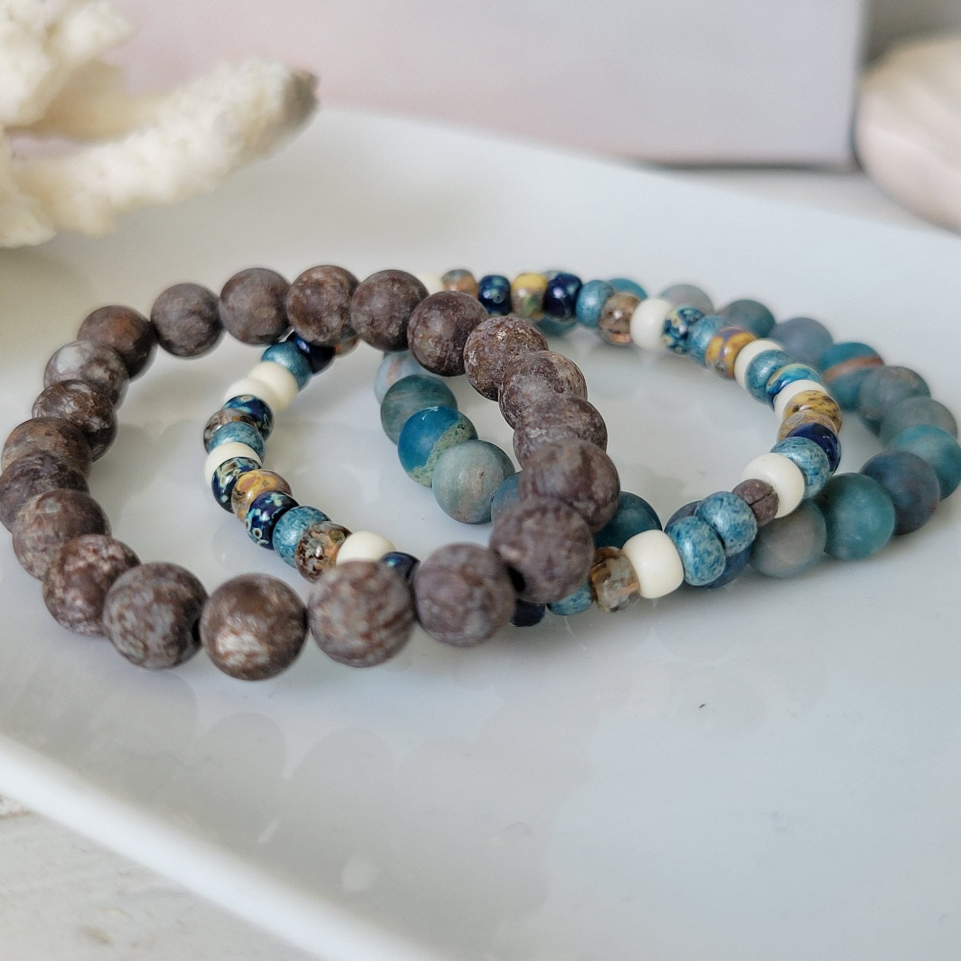 "Beach Sands" Water, Sands & Clouds Natural Stone Bead Bracelets - Set of 3 or Each