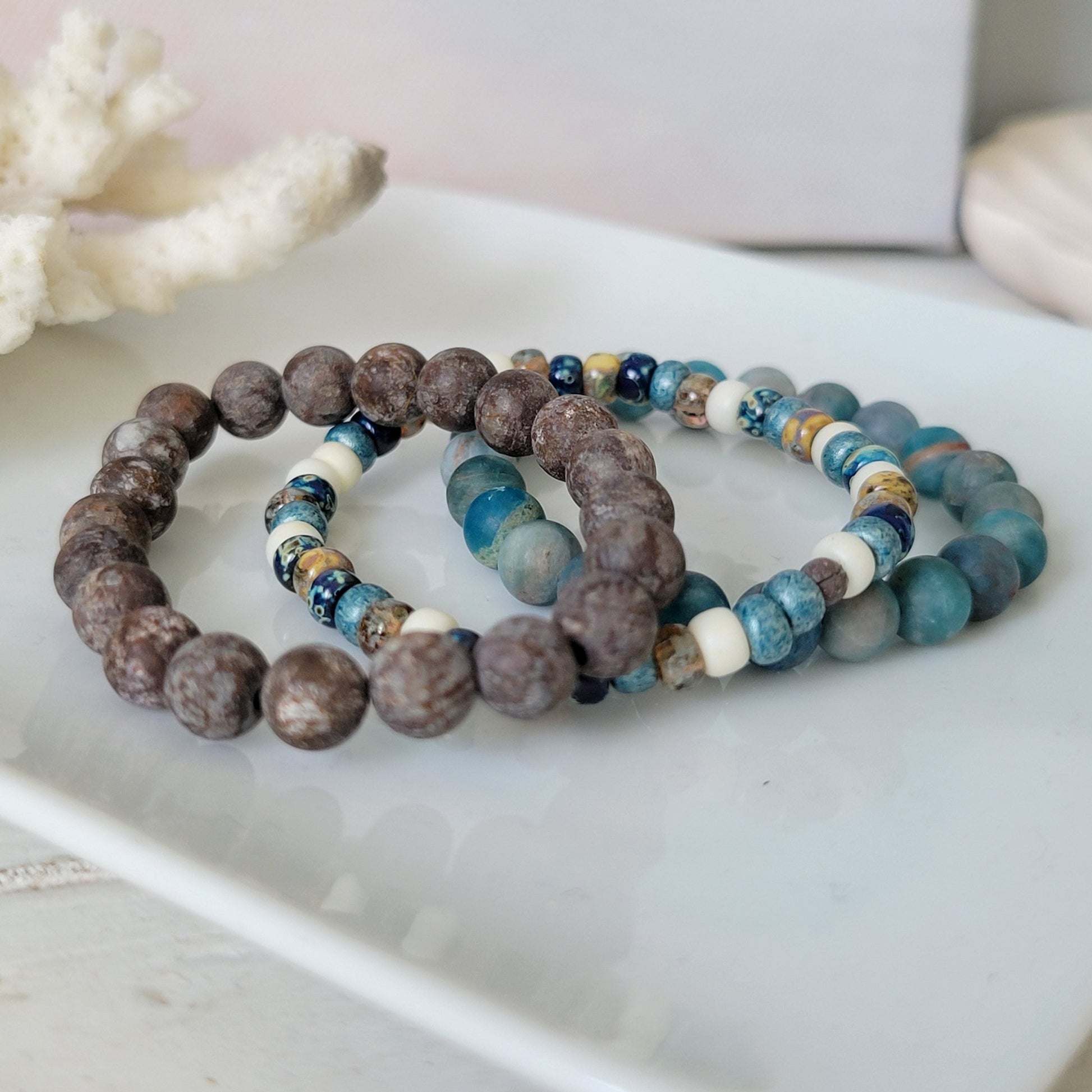 "Beach Sands" Water, Sands & Clouds Natural Stone Bead Bracelets - Set of 3 or Each