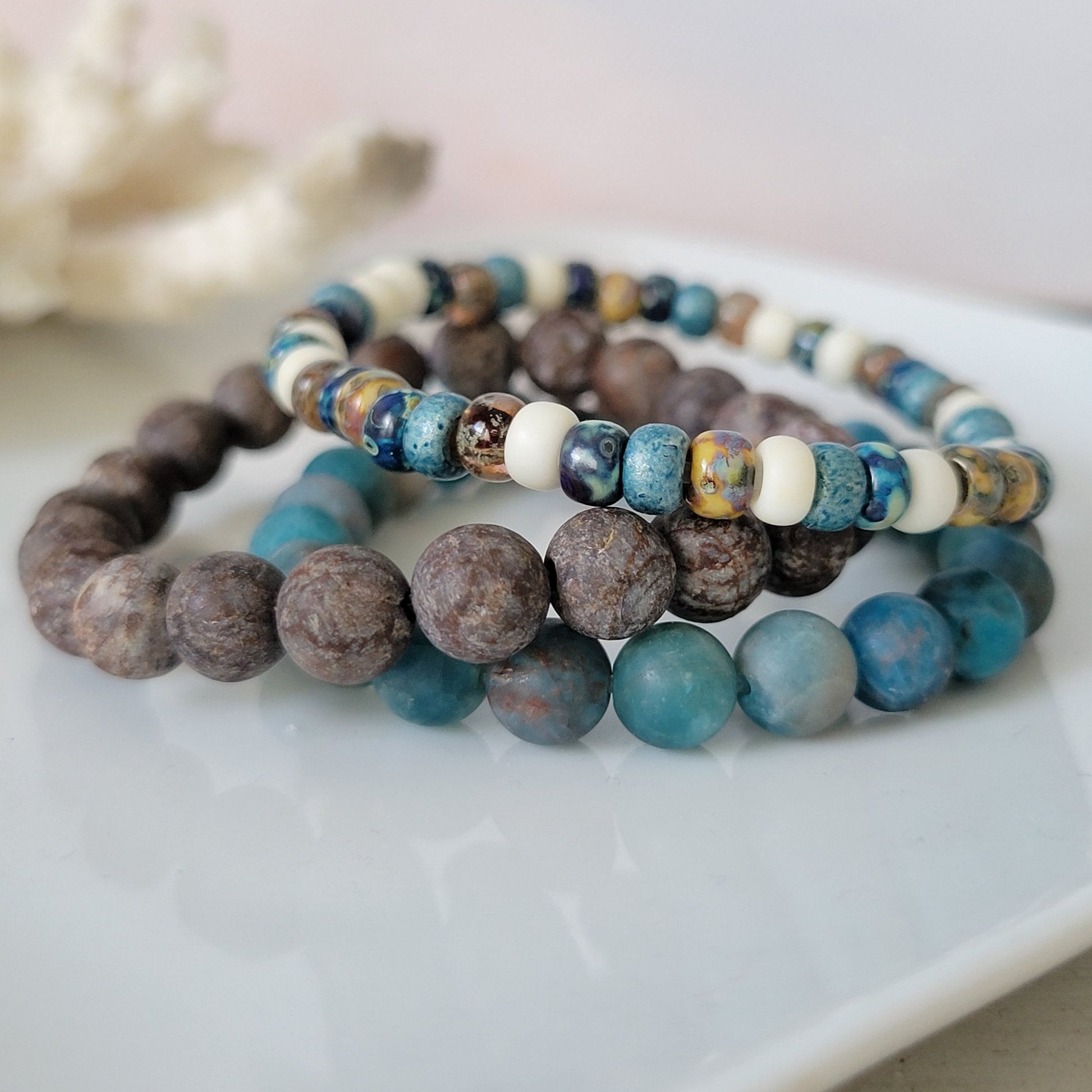 "Beach Sands" Water, Sands & Clouds Natural Stone Bead Bracelets - Set of 3 or Each