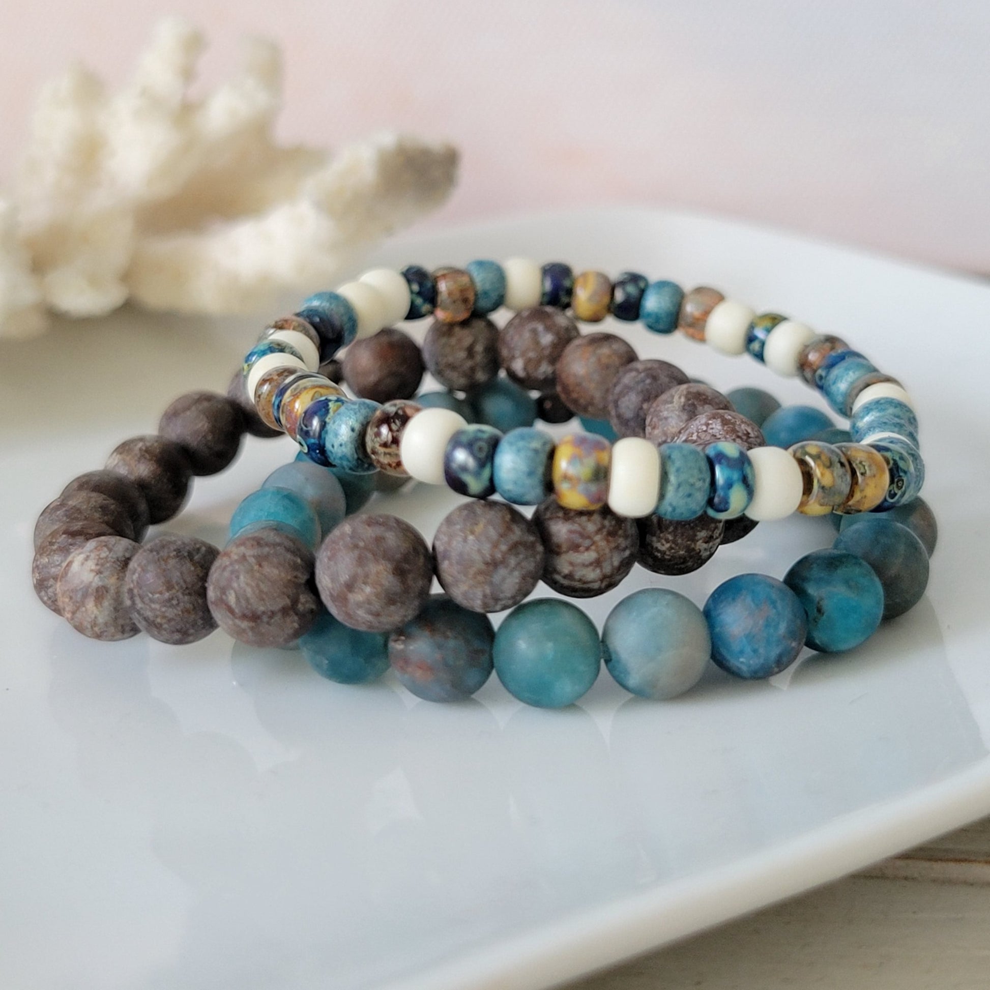 "Beach Sands" Water, Sands & Clouds Natural Stone Bead Bracelets - Set of 3 or Each