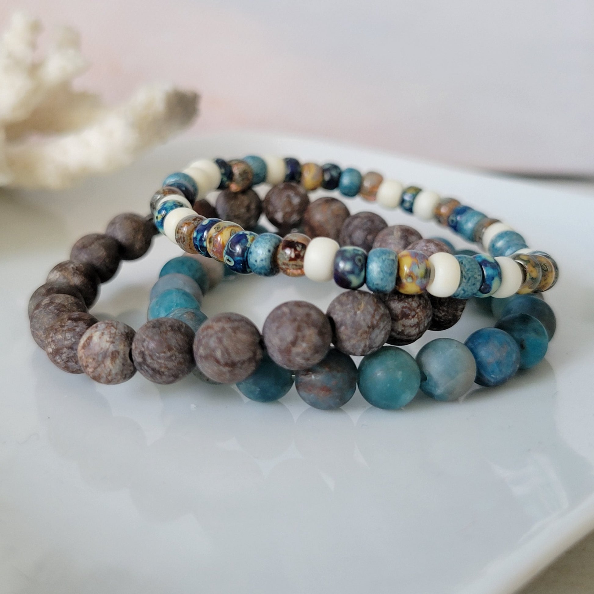 "Beach Sands" Water, Sands & Clouds Natural Stone Bead Bracelets - Set of 3 or Each