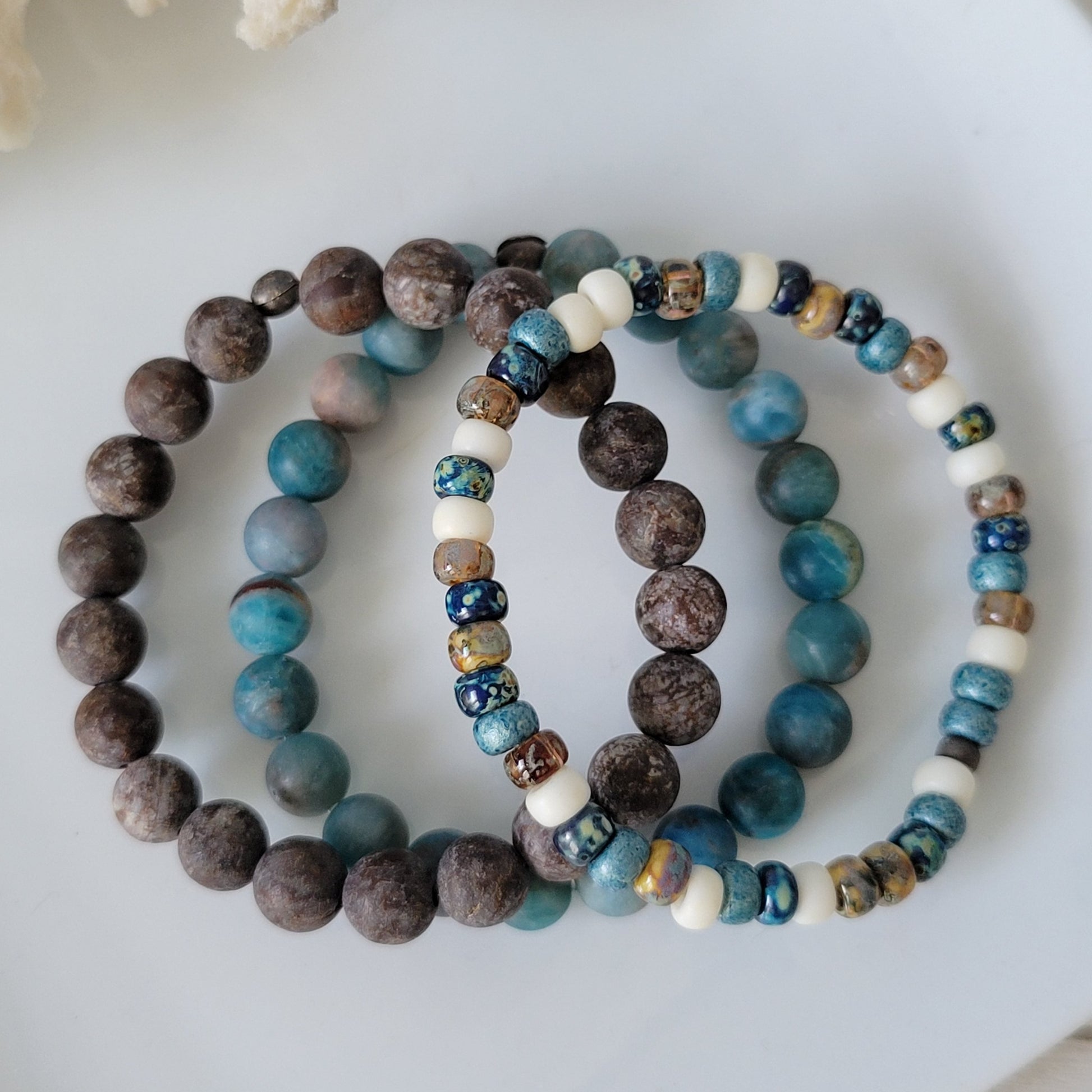 "Beach Sands" Water, Sands & Clouds Natural Stone Bead Bracelets - Set of 3 or Each