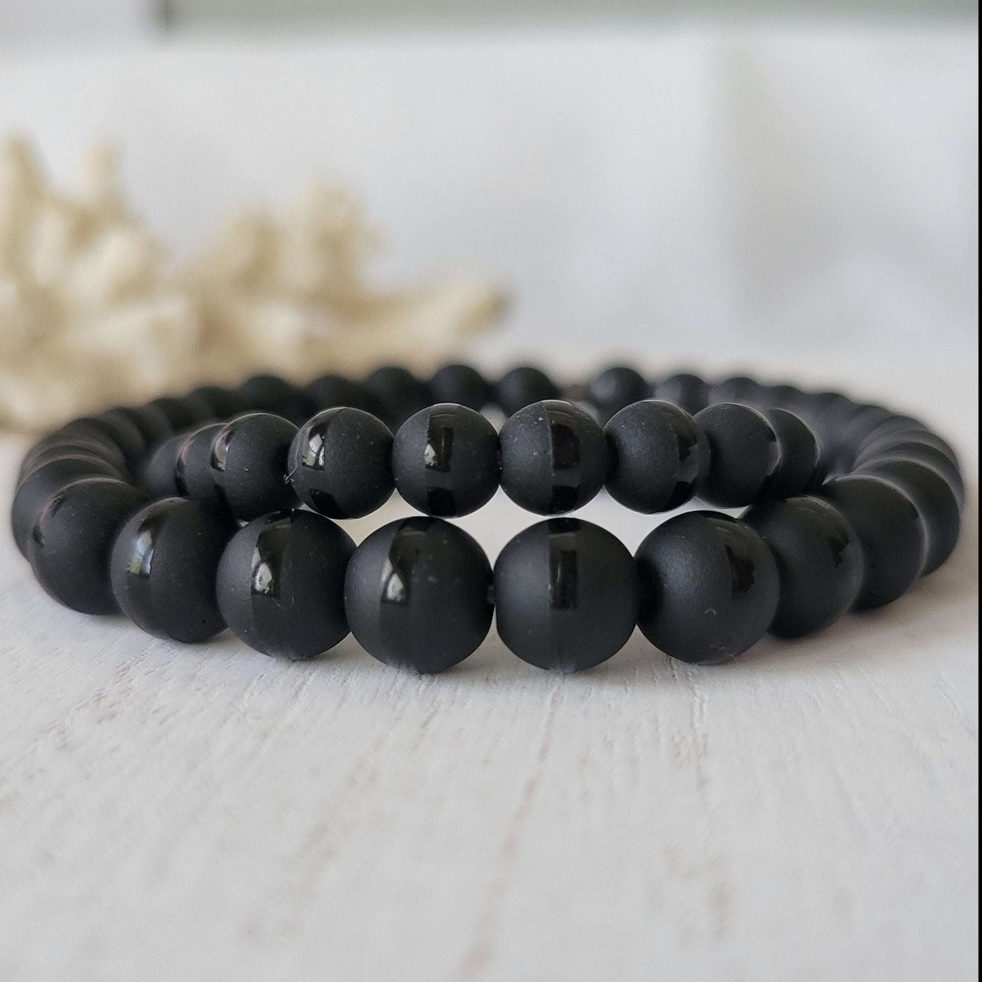"Black Dapper" Men's Matte Onyx Stone Bead Name Bracelet - Medium 8mm Beads