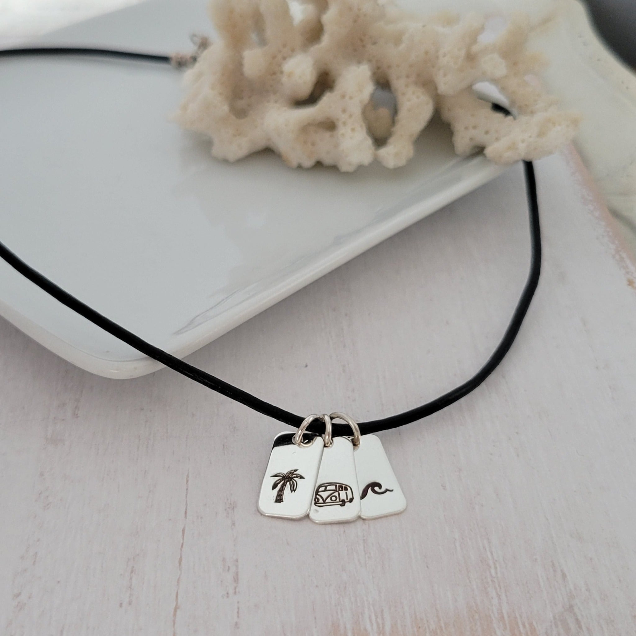 Nature or Beach Vibes Charm & Leather Necklace - Sterling Silver