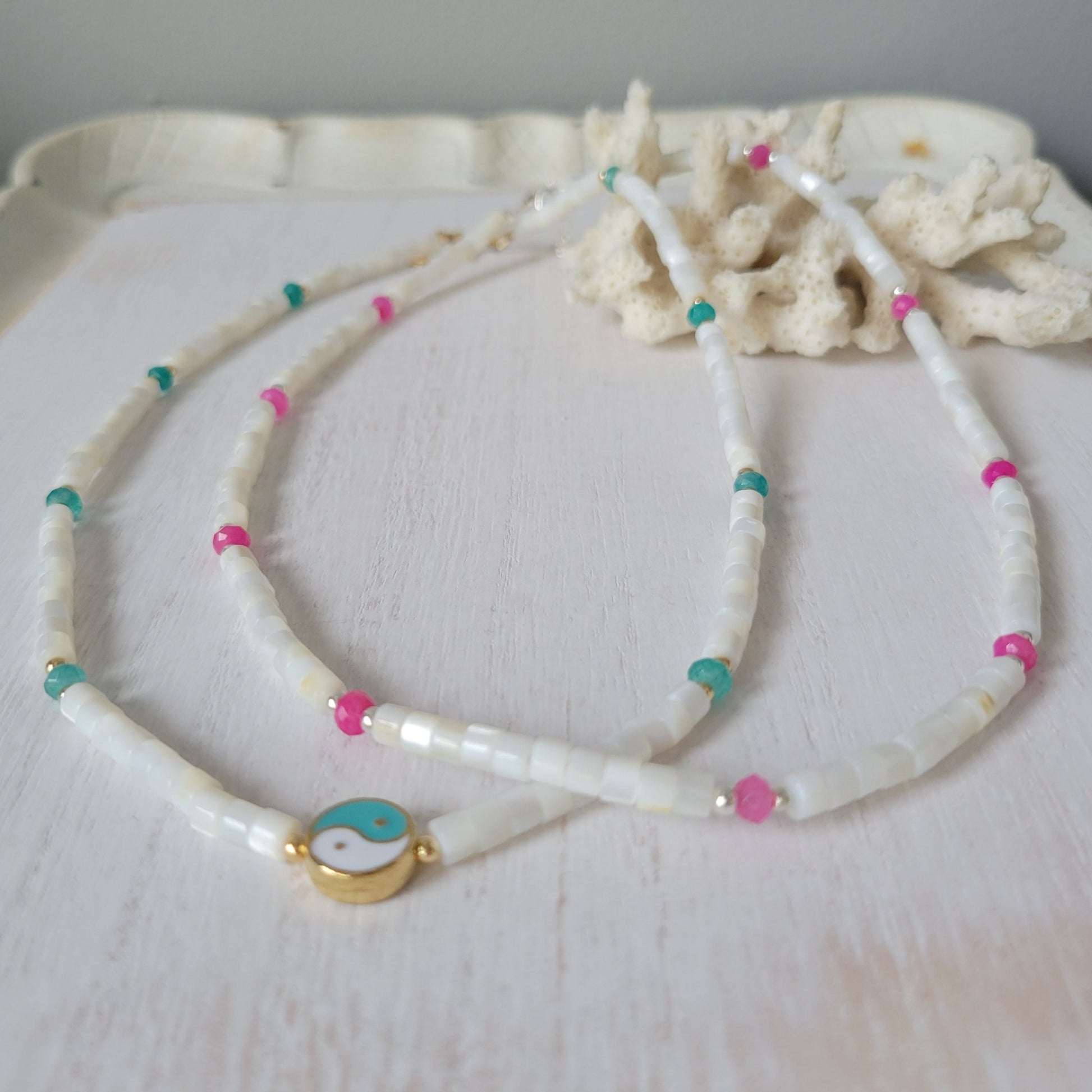 "Grommet" Heishi Shell & Crystal Girl's Surfer or Yin & Yang Necklaces - Multiple Colors Available