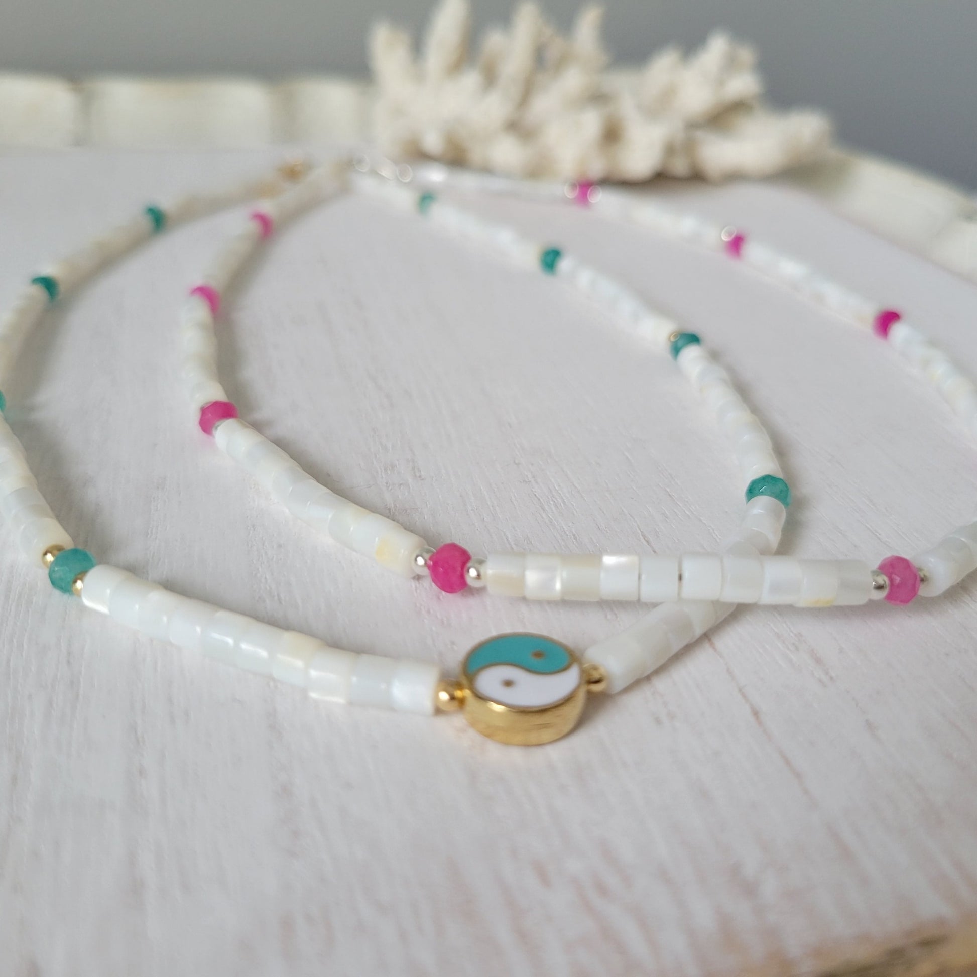 "Grommet" Heishi Shell & Crystal Girl's Surfer or Yin & Yang Necklaces - Multiple Colors Available
