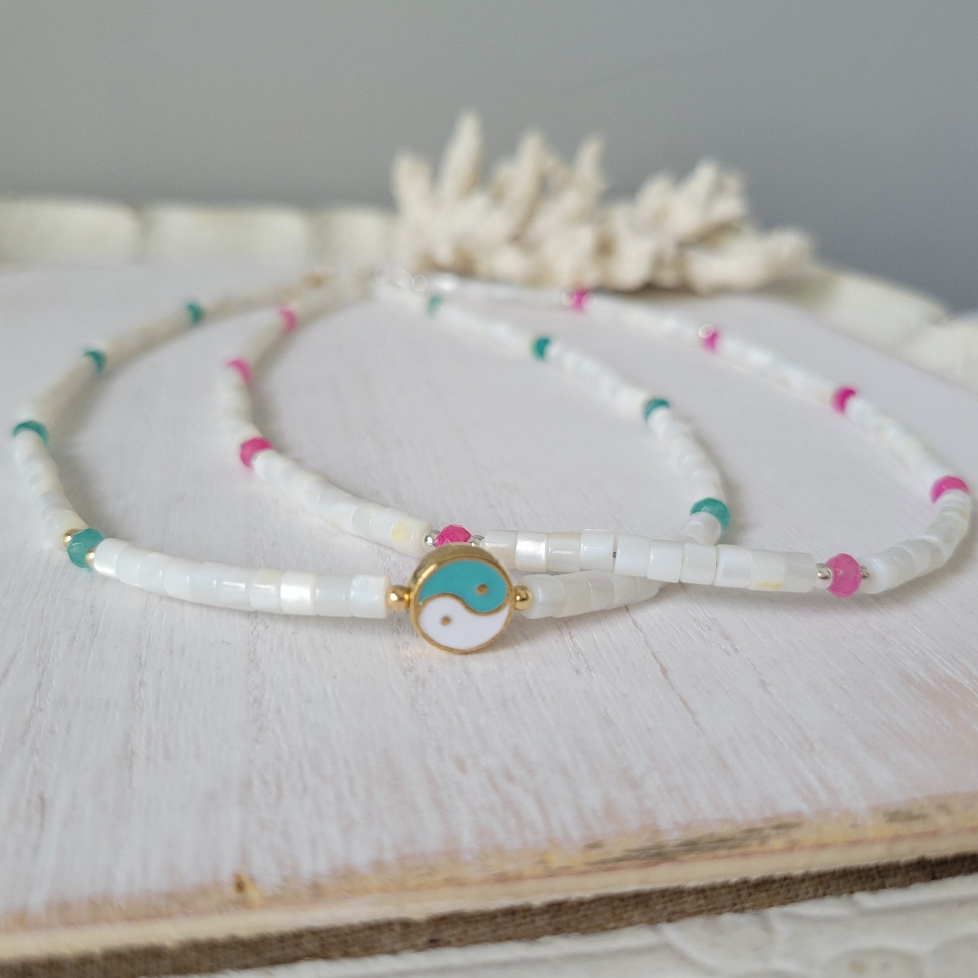 "Grommet" Heishi Shell & Crystal Girl's Surfer or Yin & Yang Necklaces - Multiple Colors Available