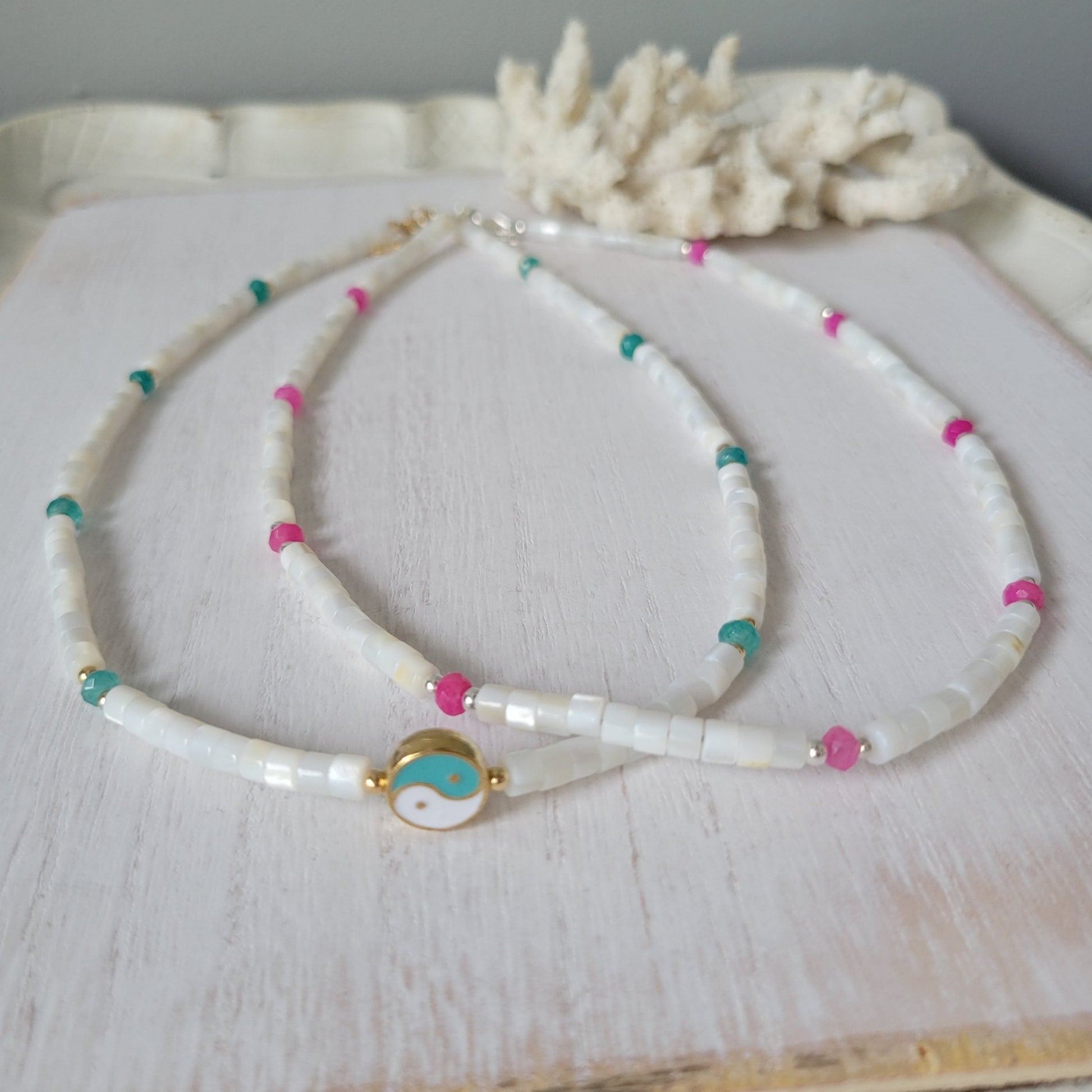 "Grommet" Heishi Shell & Crystal Girl's Surfer or Yin & Yang Necklaces - Multiple Colors Available