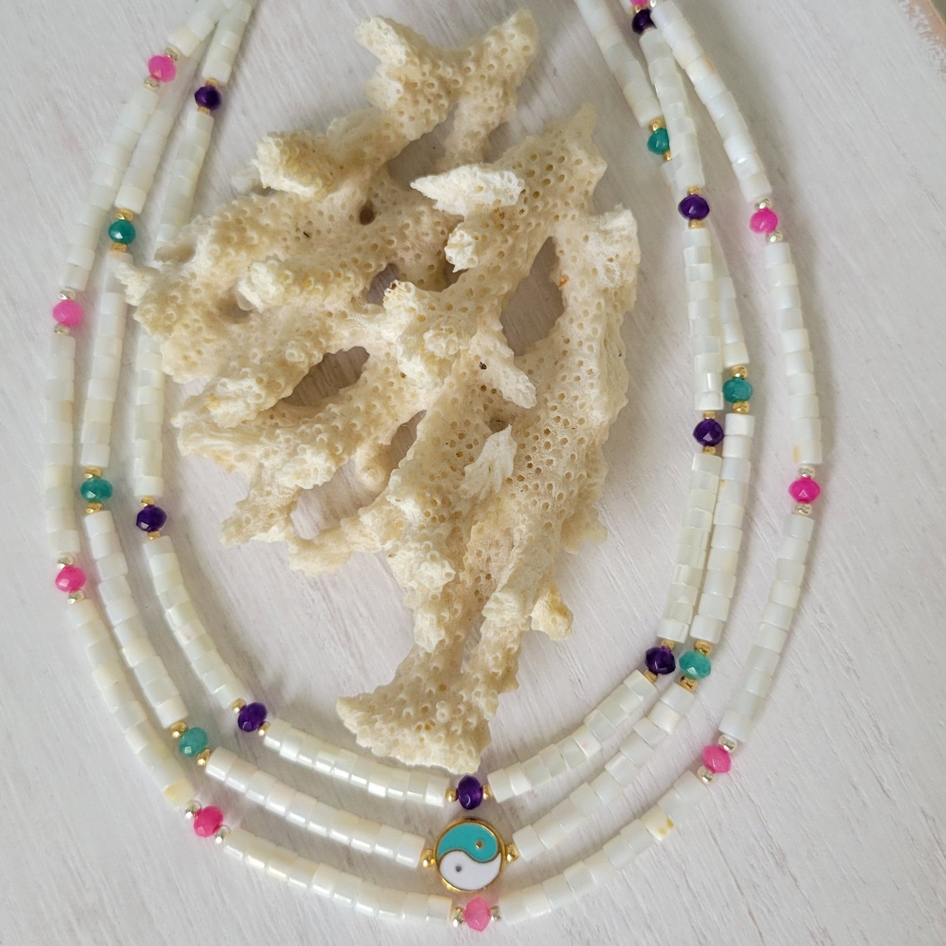 "Grommet" Heishi Shell & Crystal Girl's Surfer or Yin & Yang Necklaces - Multiple Colors Available