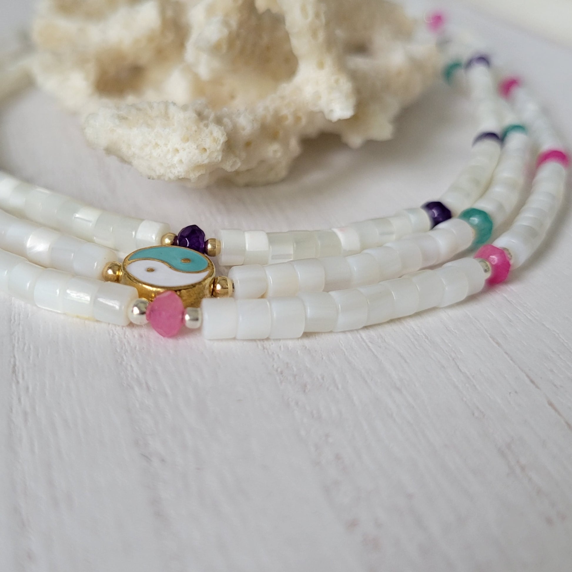 "Grommet" Heishi Shell & Crystal Girl's Surfer or Yin & Yang Necklaces - Multiple Colors Available