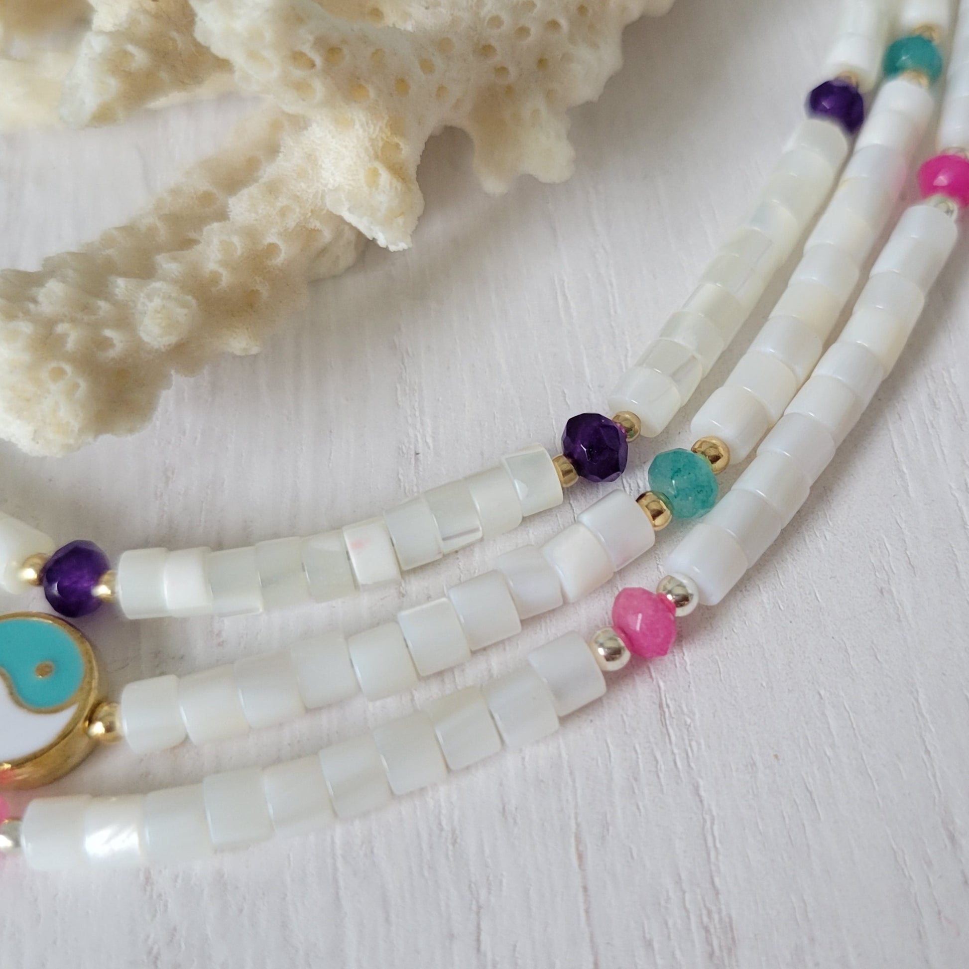 "Grommet" Heishi Shell & Crystal Girl's Surfer or Yin & Yang Necklaces - Multiple Colors Available