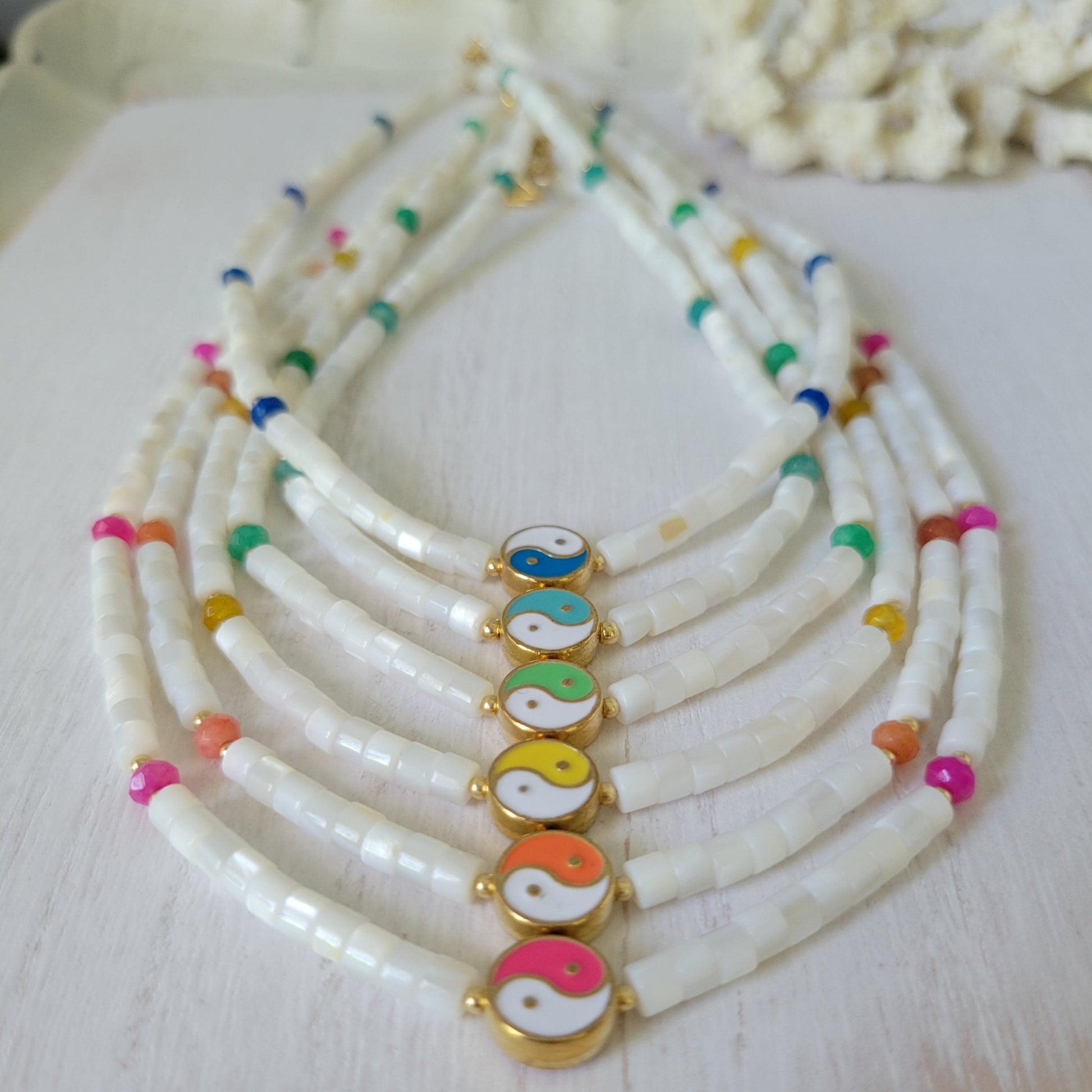 "Grommet" Heishi Shell & Crystal Girl's Surfer or Yin & Yang Necklaces - Multiple Colors Available