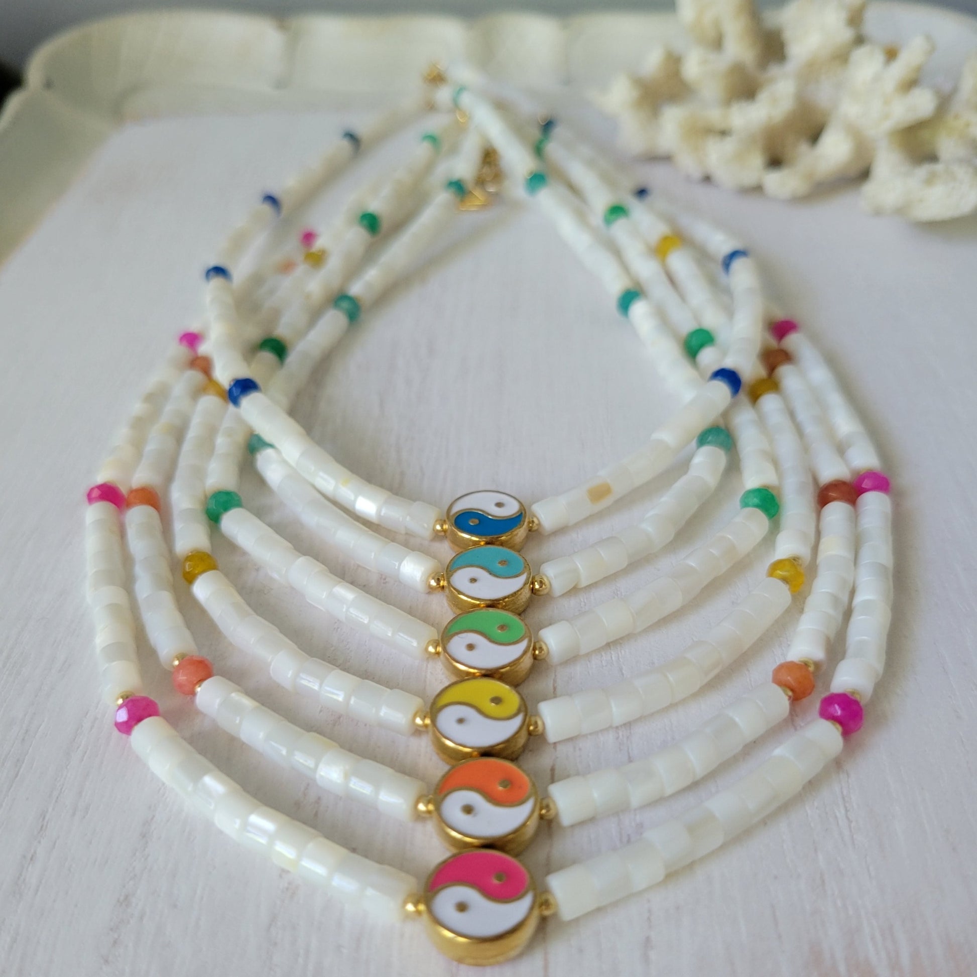 "Grommet" Heishi Shell & Crystal Girl's Surfer or Yin & Yang Necklaces - Multiple Colors Available