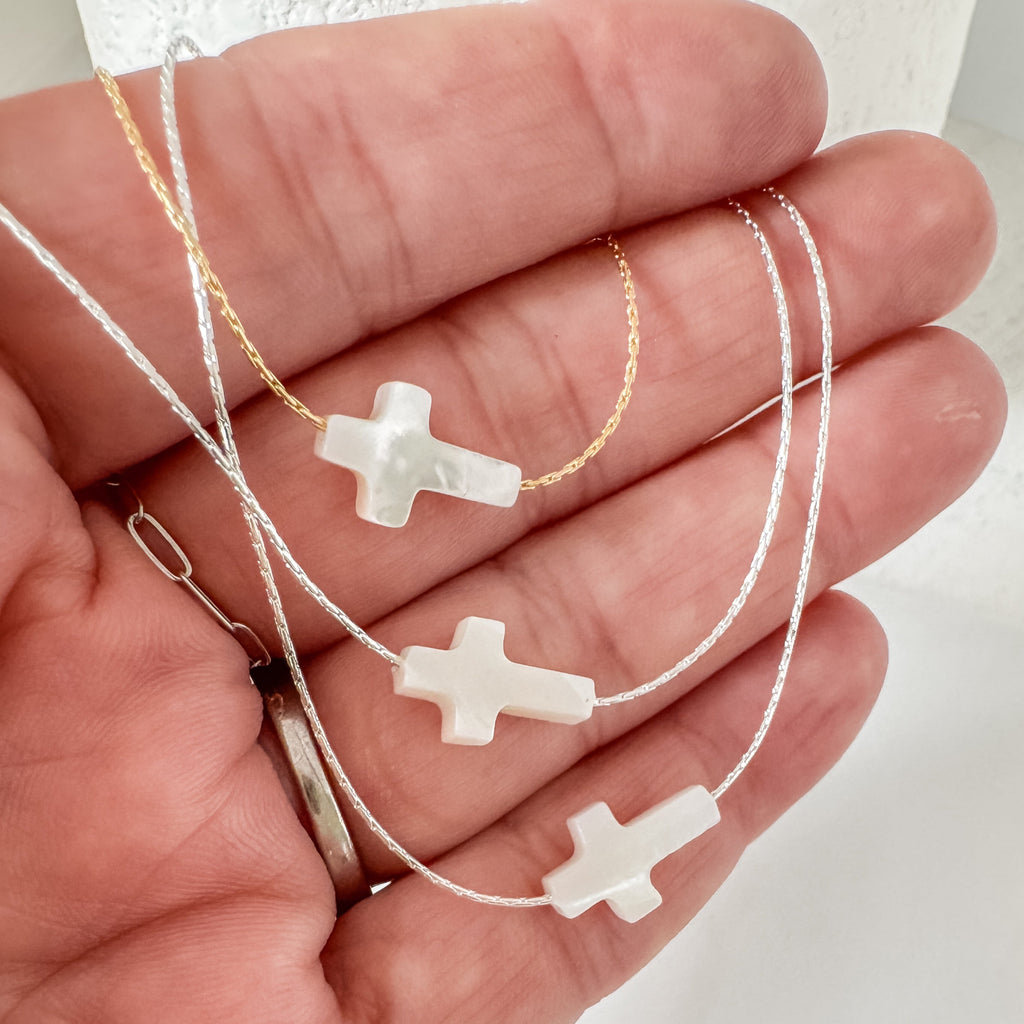 Sleek Sideways Pearl Cross Slider Necklace - Sterling Silver or 14kt Gold Filled