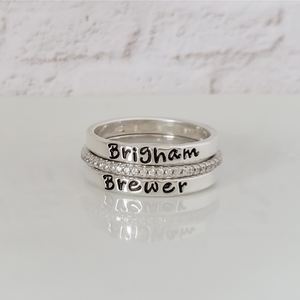 3pc Name Ring and CZ Stacking Set - 3mm Wide -Sterling Silver