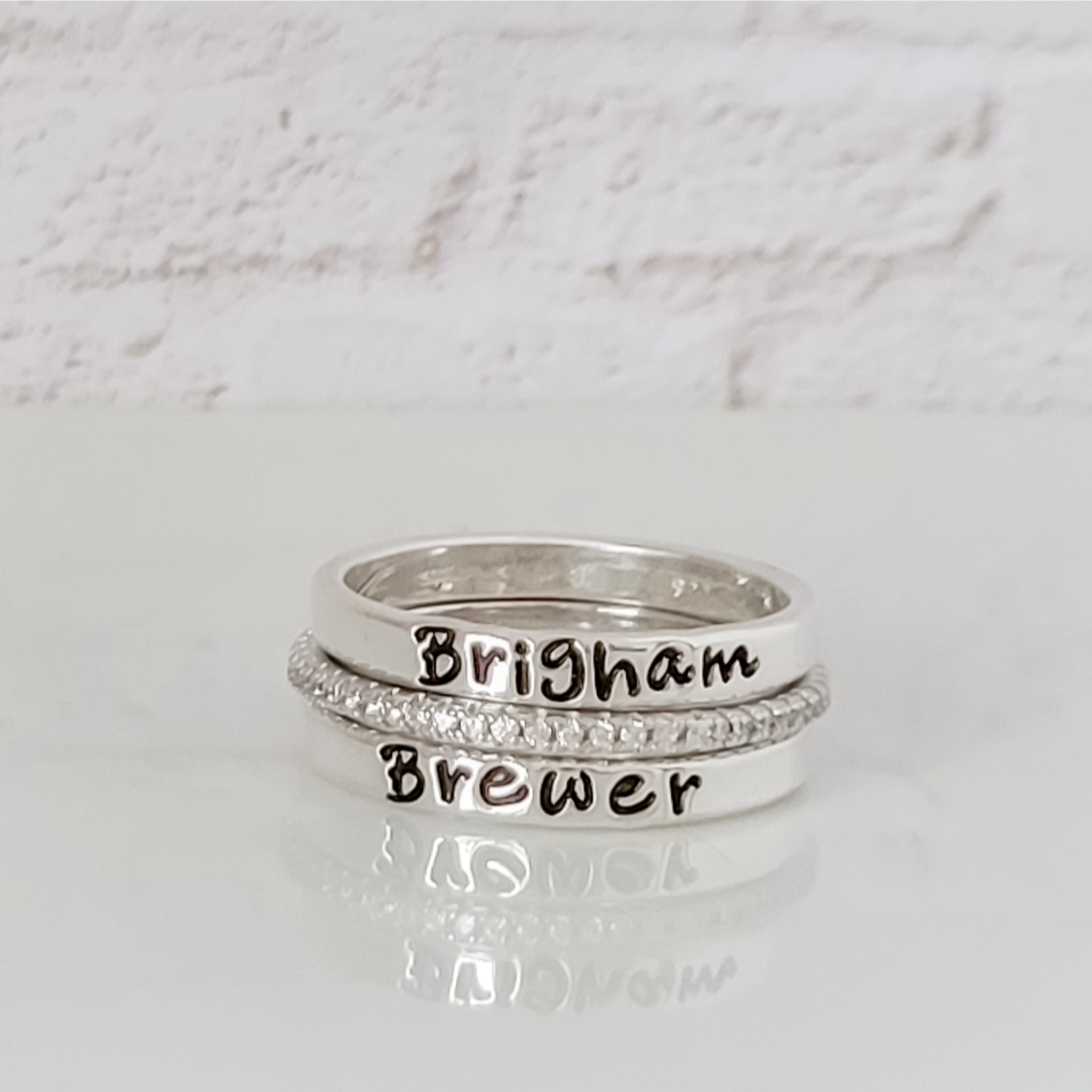 3pc Name Ring and CZ Stacking Set - 3mm Wide -Sterling Silver