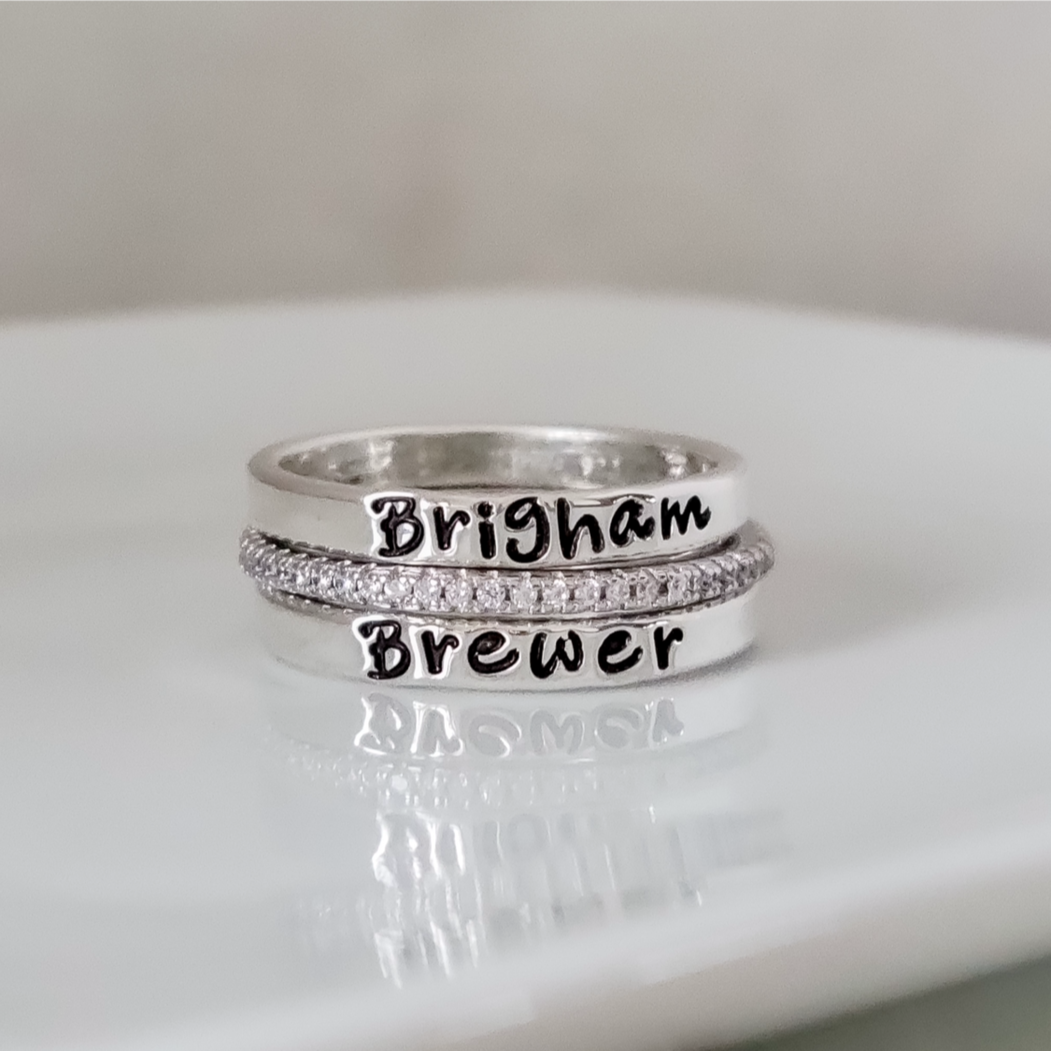 3pc Name Ring and CZ Stacking Set - 3mm Wide -Sterling Silver