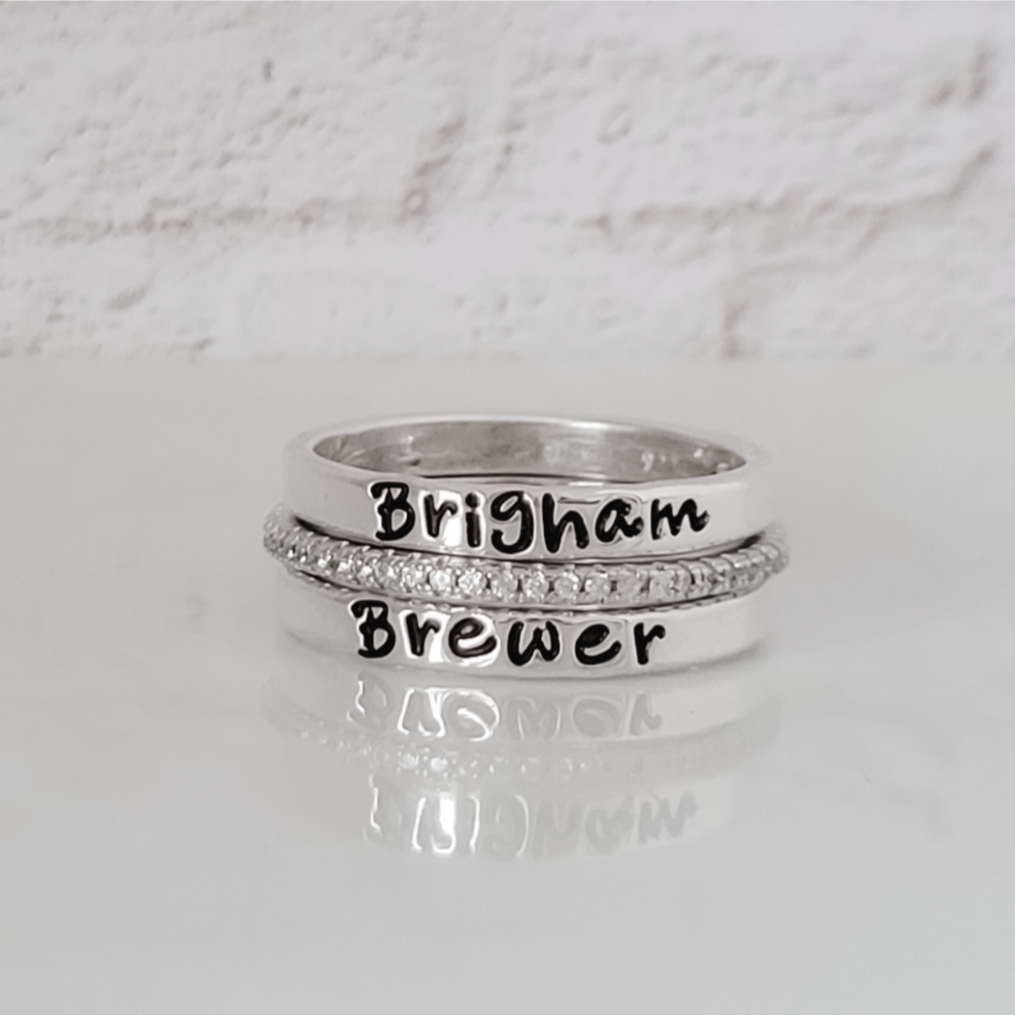 3pc Name Ring and CZ Stacking Set - 3mm Wide -Sterling Silver
