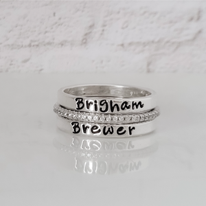 3pc Name Ring and CZ Stacking Set - 3mm Wide -Sterling Silver