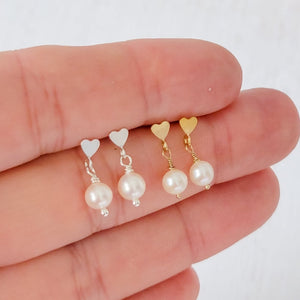 Babies/Children's Tiny Heart and Pearl Dangle Earrings - Sterling, Gold, or Rose Gold