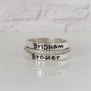 3pc Name Ring and CZ Stacking Set - 3mm Wide -Sterling Silver