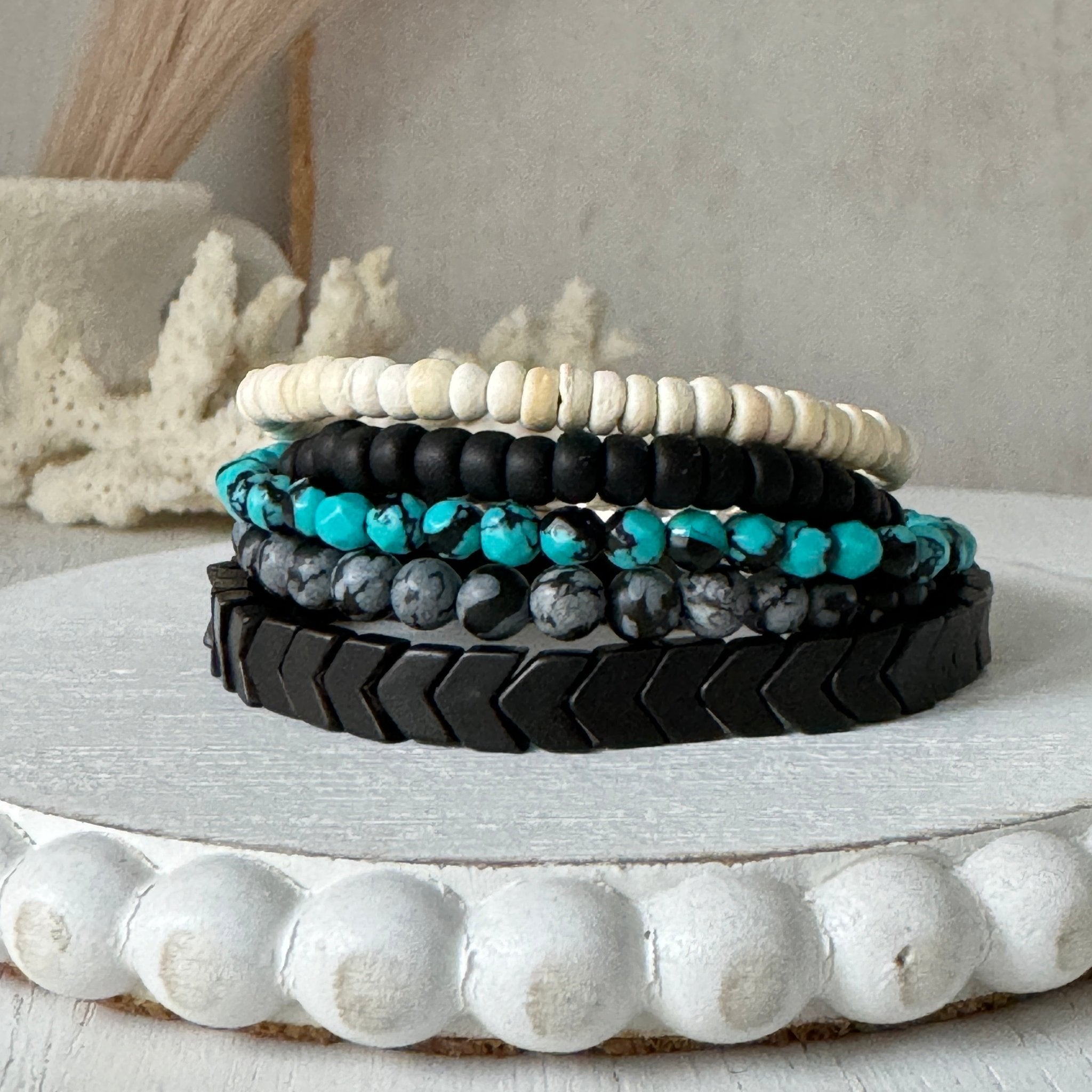 Micro Collab Natural Stone and Coconut Bead Bracelet Set - 3pc Set or Each