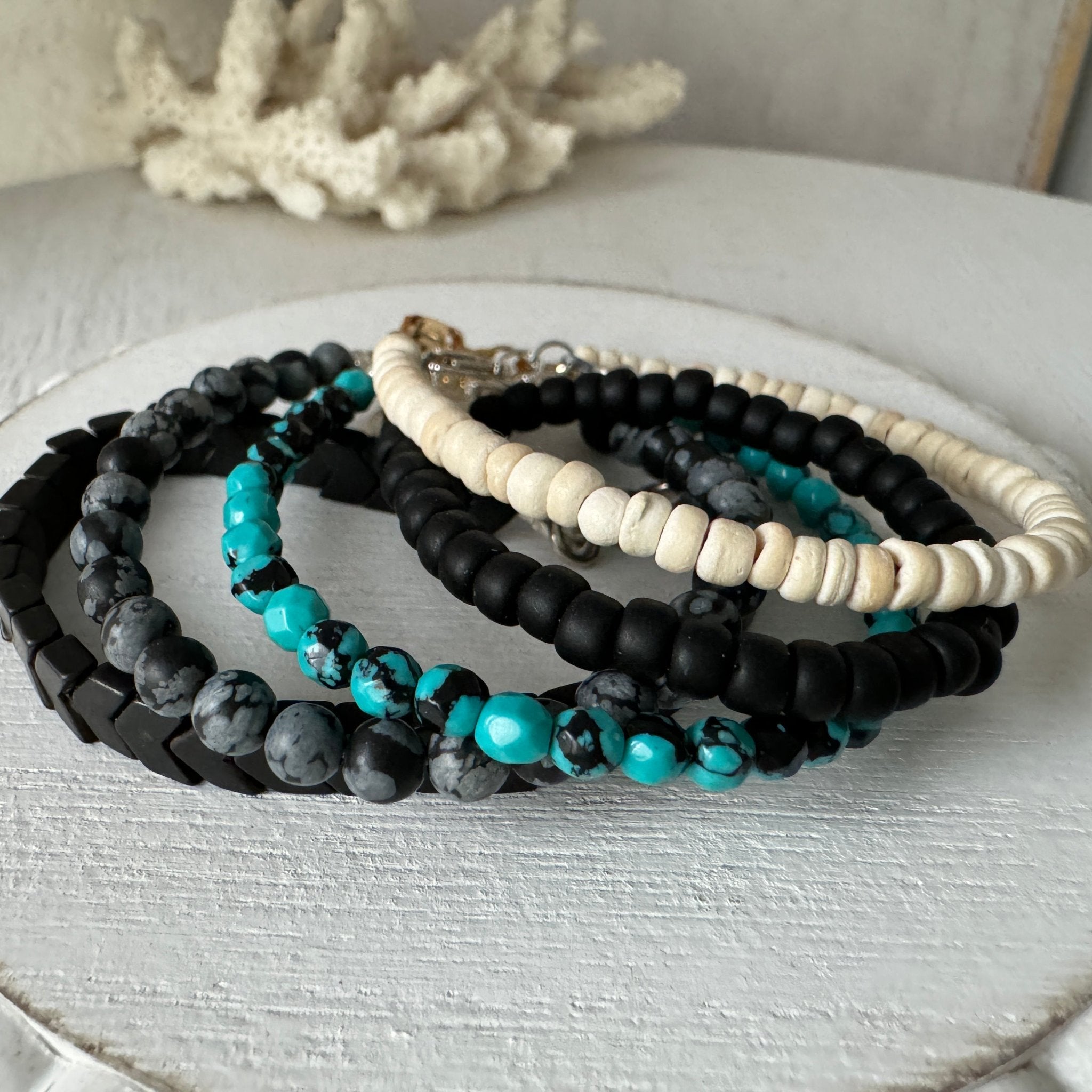 Micro Collab Natural Stone and Coconut Bead Bracelet Set - 3pc Set or Each