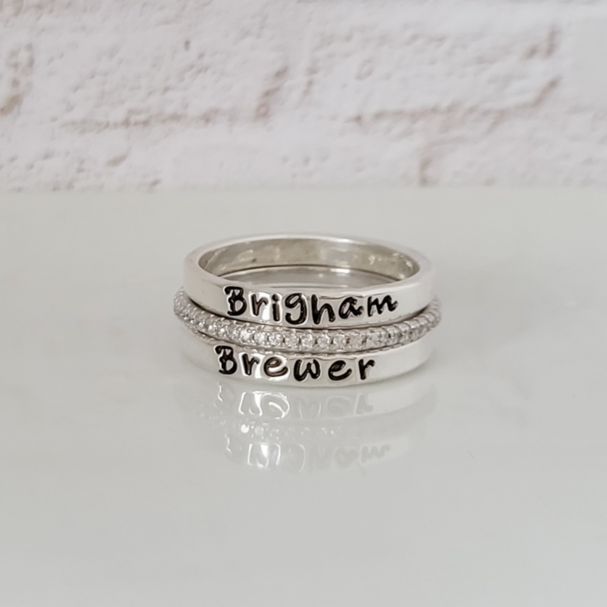3pc Name Ring and CZ Stacking Set - 3mm Wide -Sterling Silver