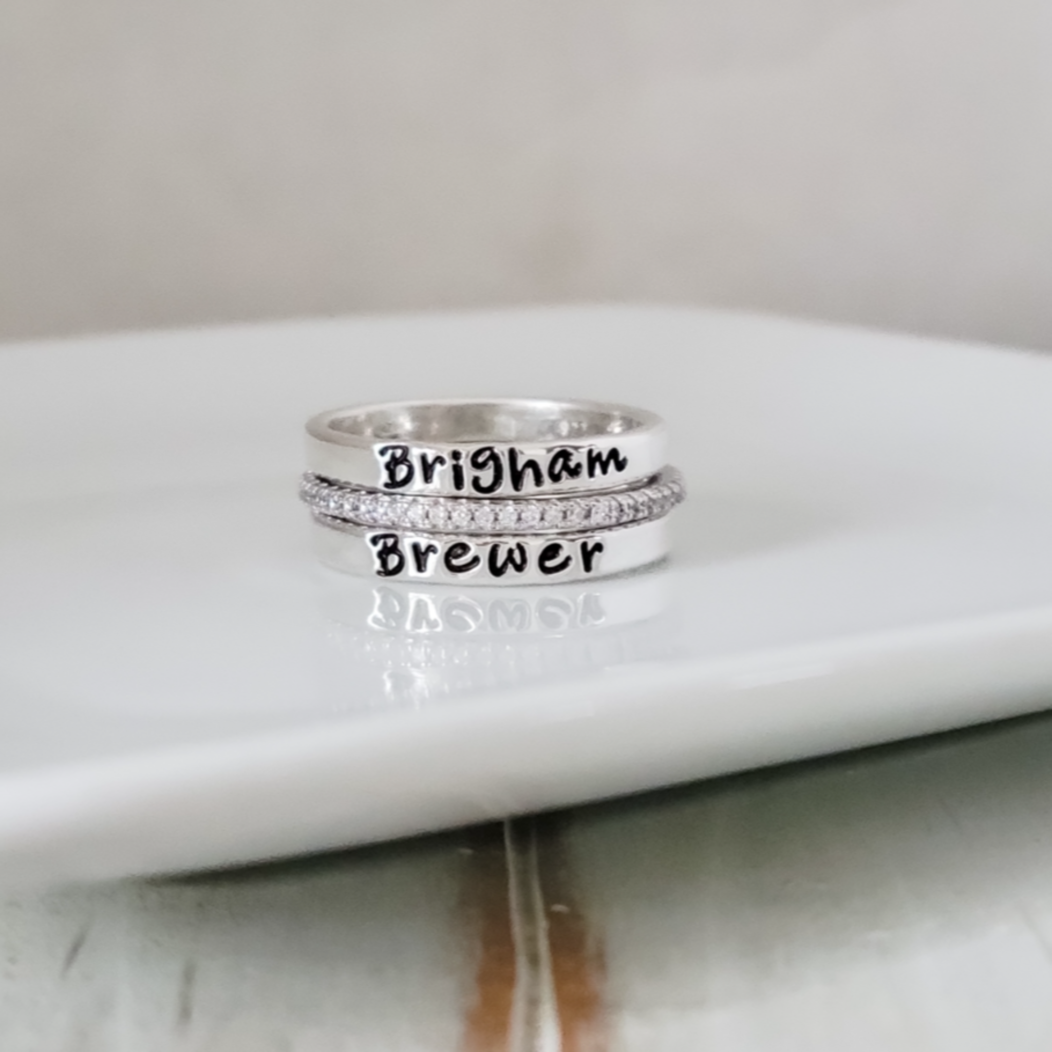 3pc Name Ring and CZ Stacking Set - 3mm Wide -Sterling Silver