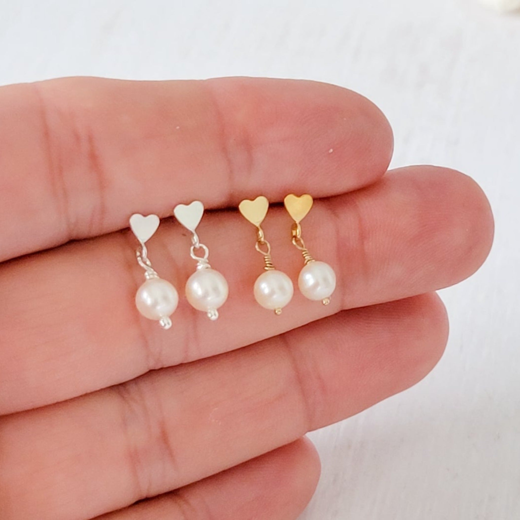 Babies/Children's Tiny Heart and Pearl Dangle Earrings - Sterling, Gold, or Rose Gold