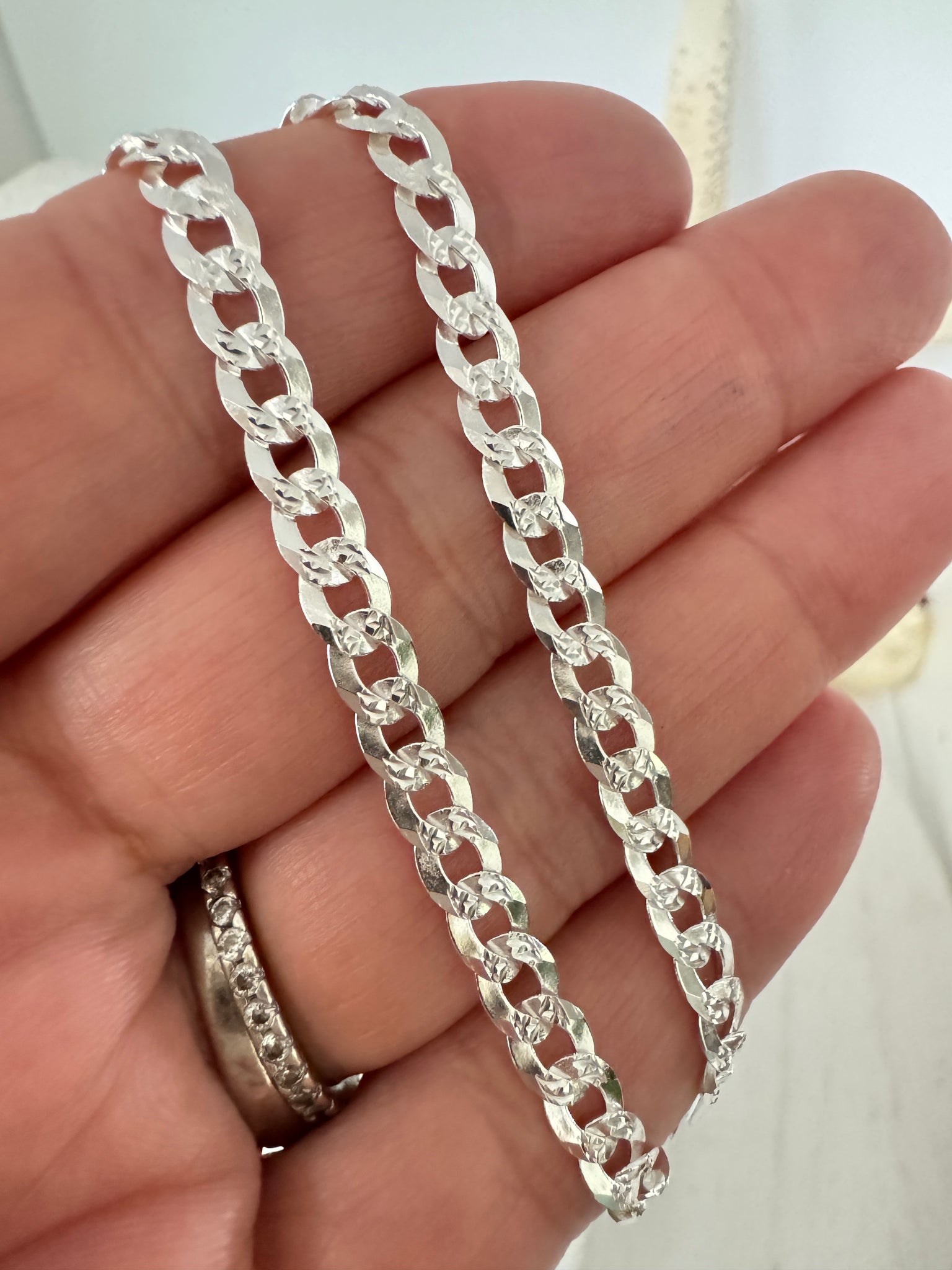 Solid Sterling Silver Diamond Cut Curb Chain Bracelet