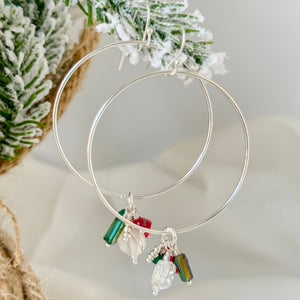 Christmas Confetti Large Hoop Charm Earrings - Sterling or Gold