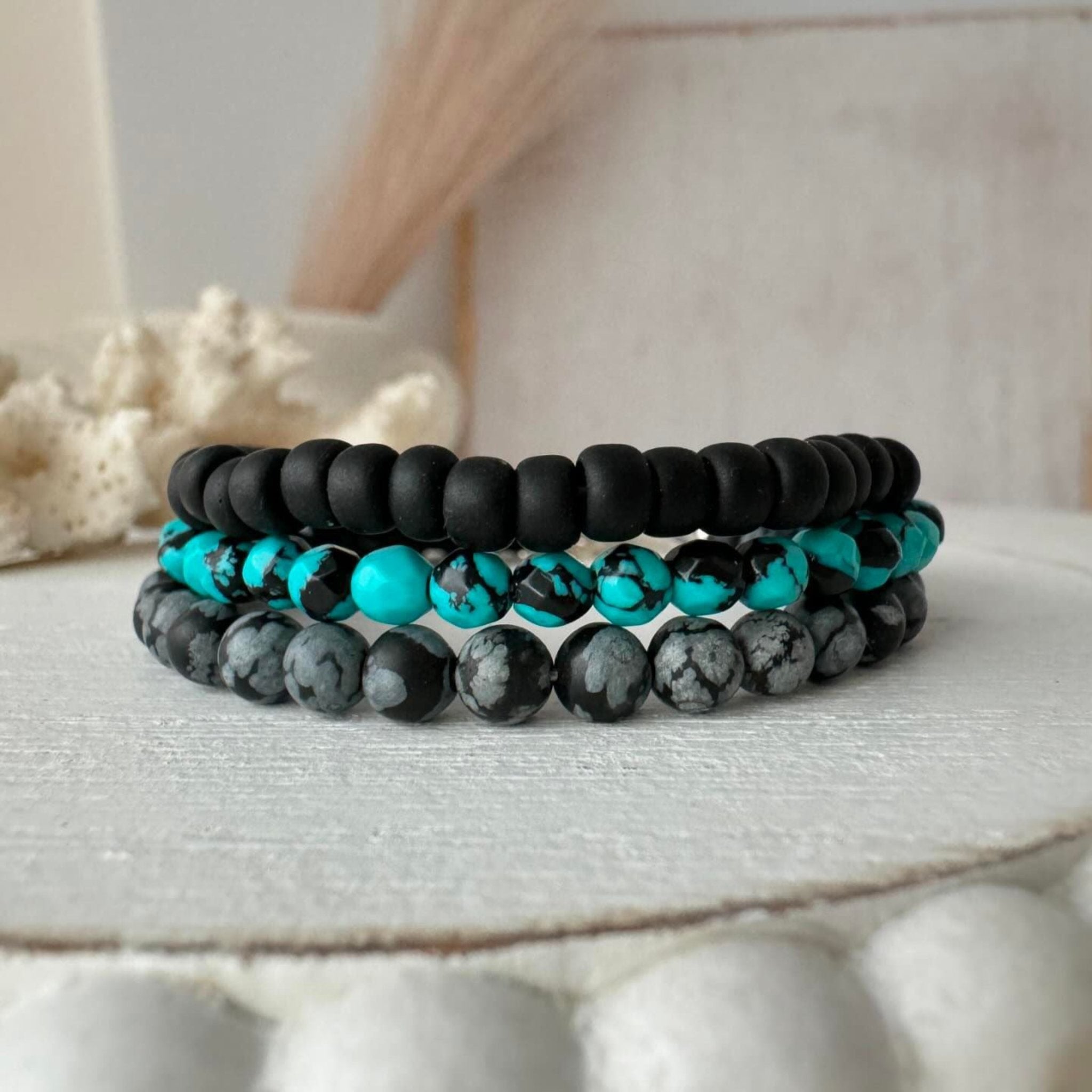 Micro Collab Natural Stone and Coconut Bead Bracelet Set - 3pc Set or Each