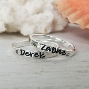 3mm Custom Name with Birthstone Ring - Sterling Silver