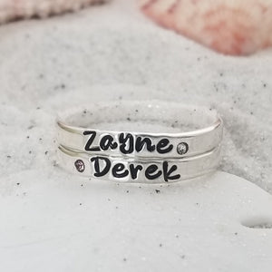 3mm Custom Name with Birthstone Ring - Sterling Silver