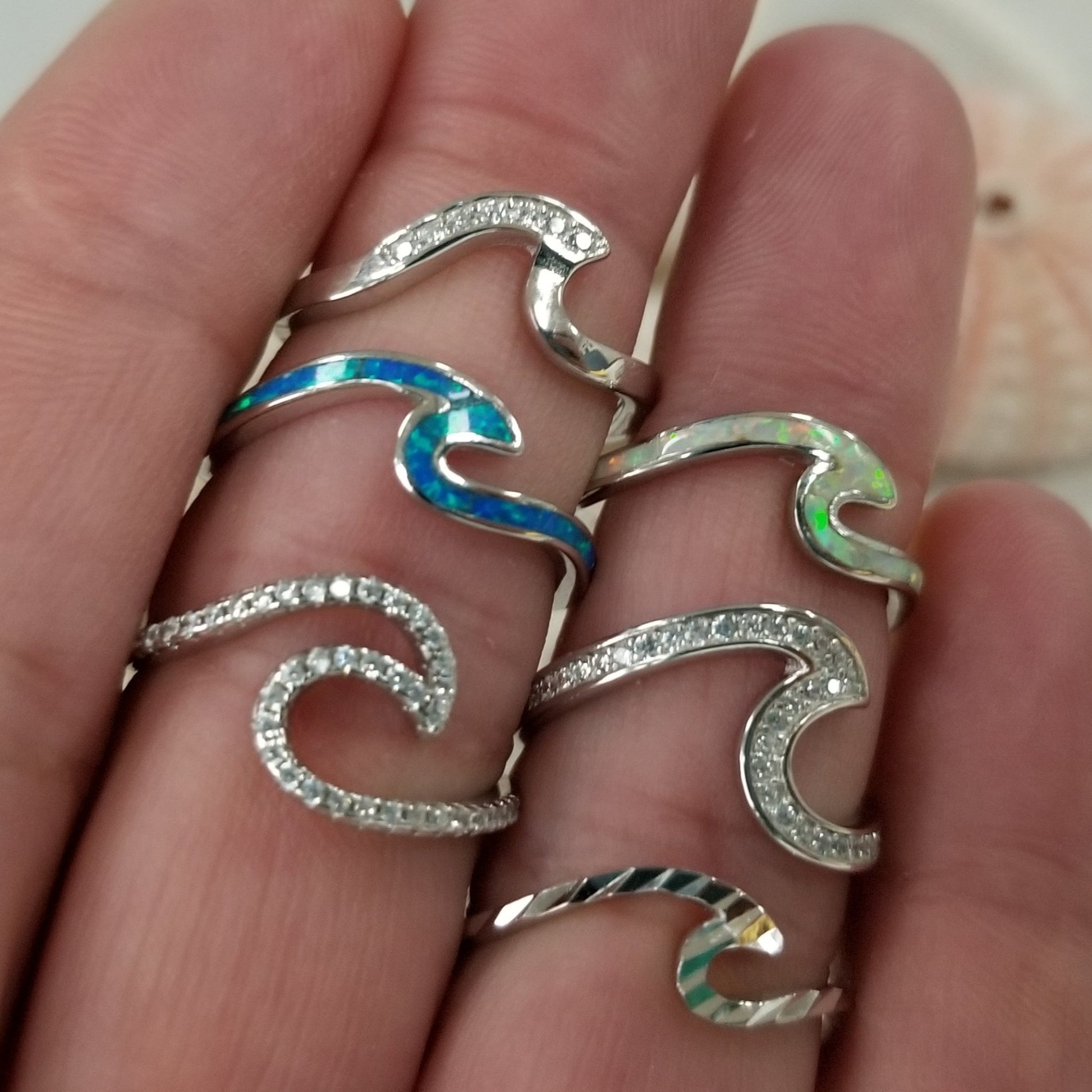 Opal and Sterling Silver Wave Ring - Blue or Opaque