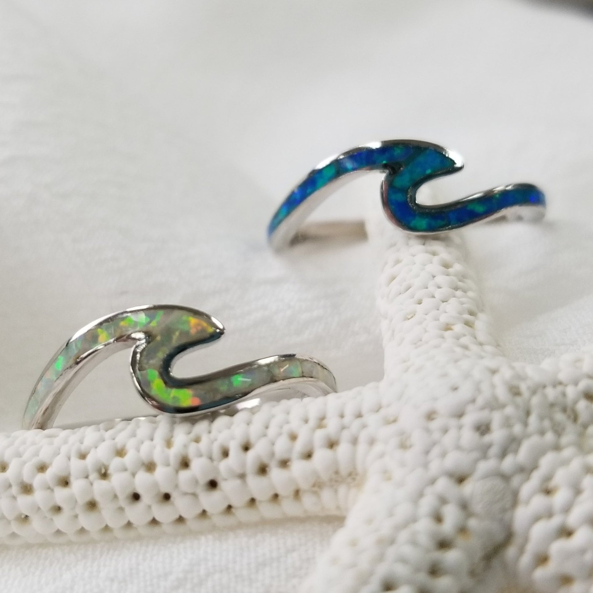 Opal and Sterling Silver Wave Ring - Blue or Opaque