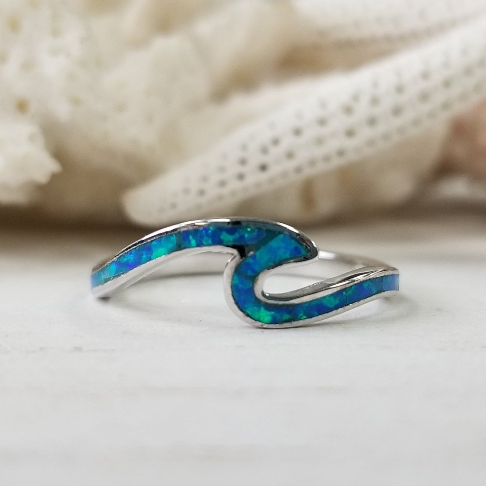 Opal and Sterling Silver Wave Ring - Blue or Opaque