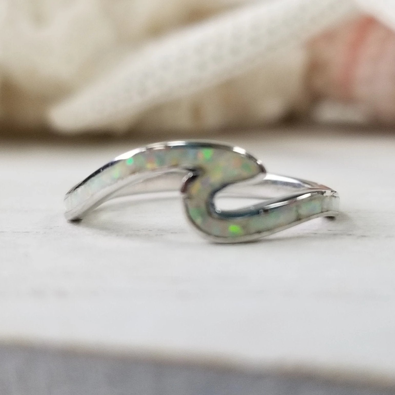 Opal and Sterling Silver Wave Ring - Blue or Opaque