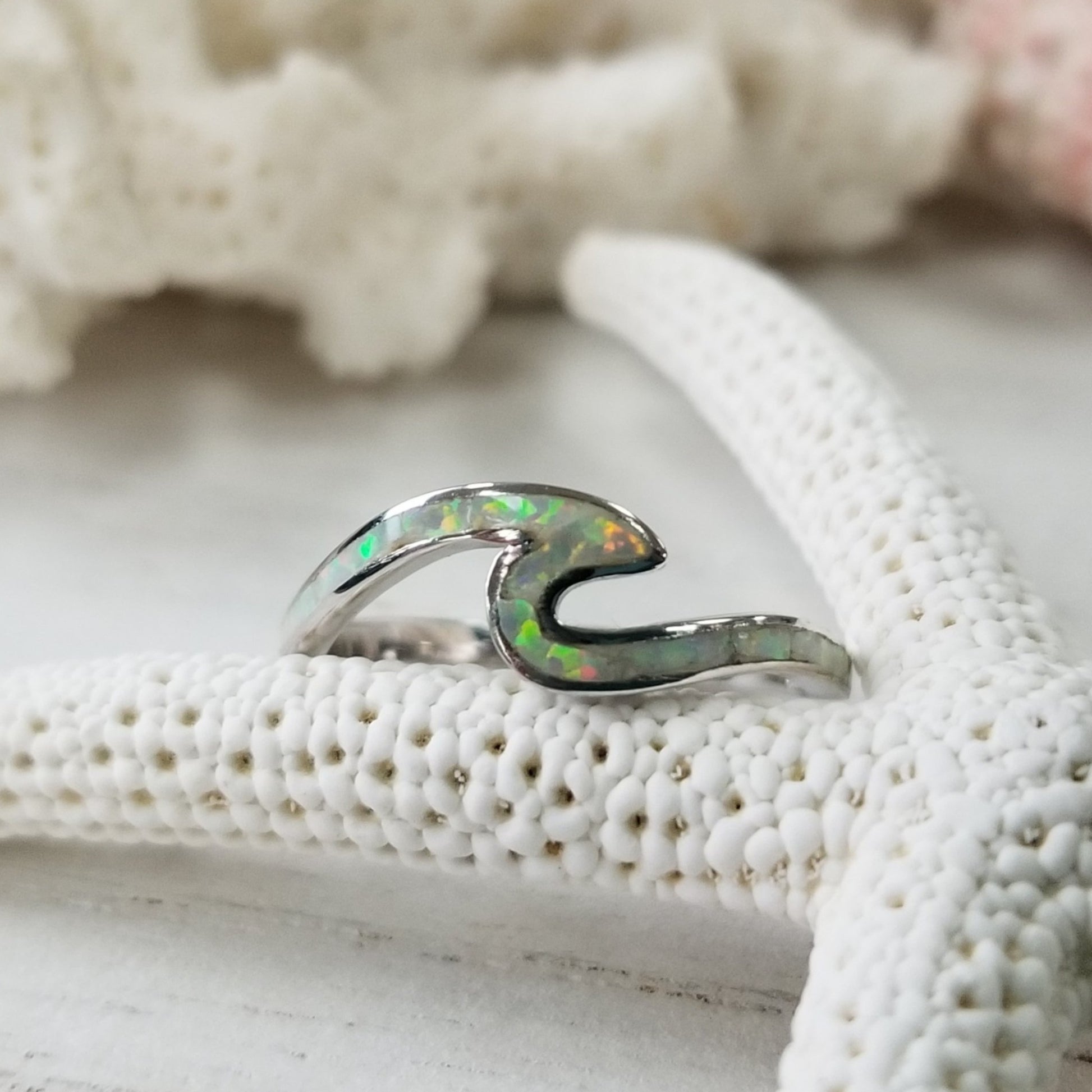 Opal and Sterling Silver Wave Ring - Blue or Opaque