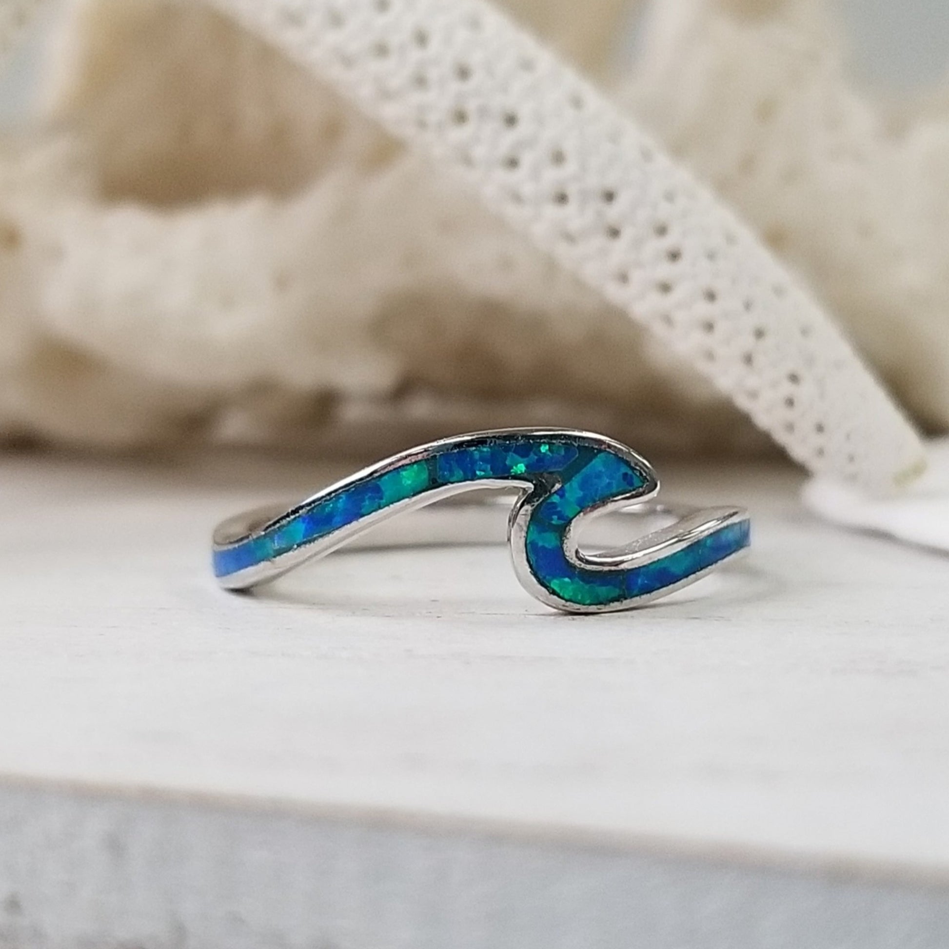 Opal and Sterling Silver Wave Ring - Blue or Opaque