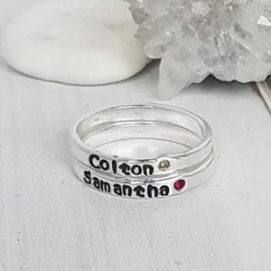 3mm Custom Name with Birthstone Ring - Sterling Silver